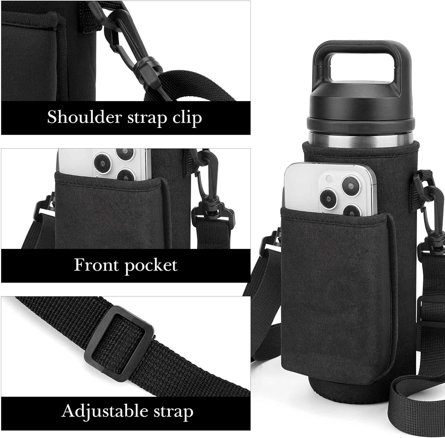 Linkidea Water Bottle Carrier with Strap Compatible with YETI Rambler Bottle 18oz, Yonder 600ml/20oz, Insulated Waterbottle Sling Bag Holder, Shoulder Strap with Phone Pocket (Black) - Image 4
