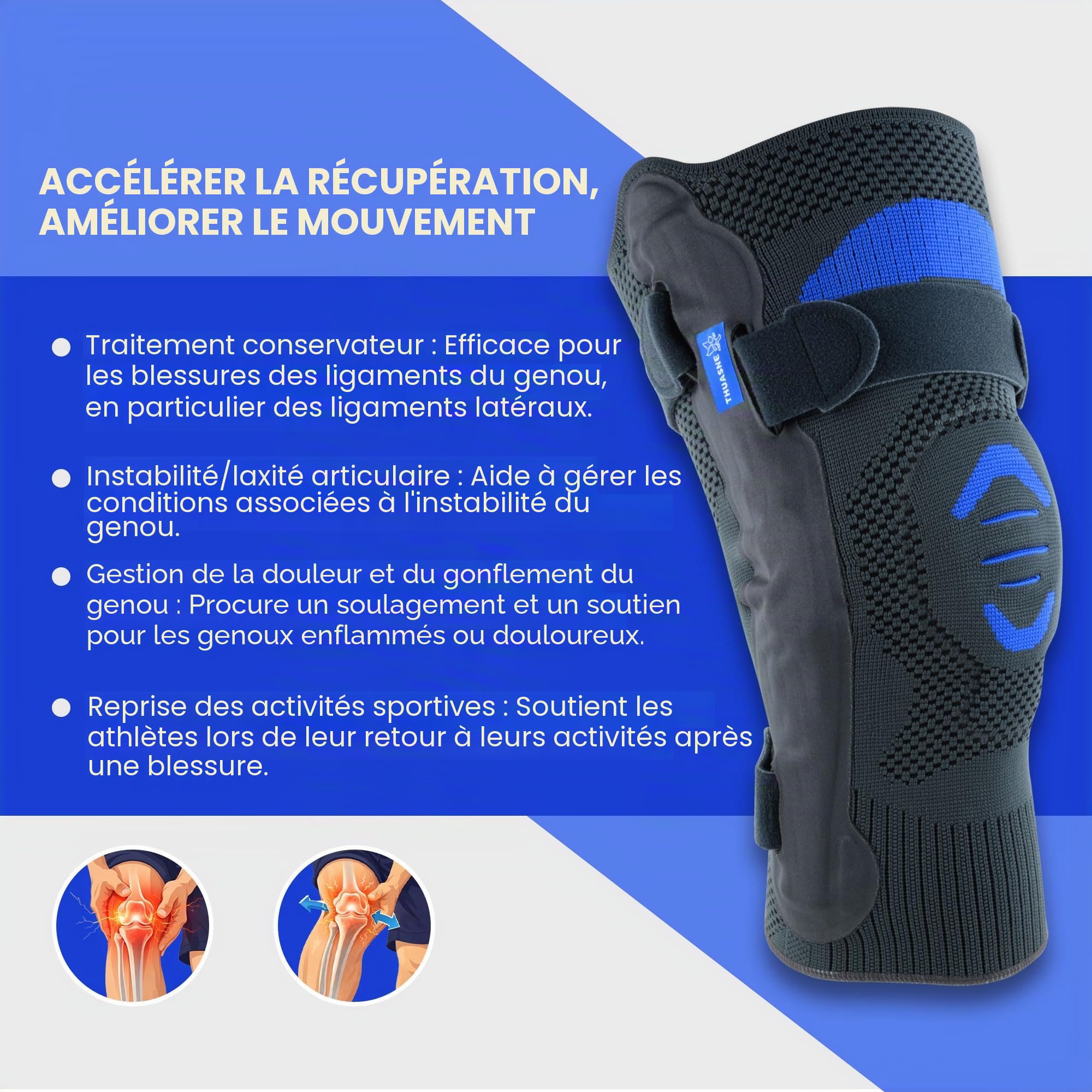 Thuasne Genouillère ligamentaire à renforcements latéraux Genu Dynastab® taille 4 (tour de genou 42-45 cm) maintient le genou