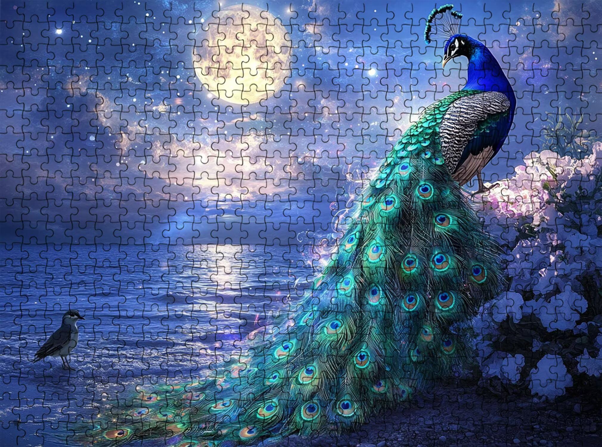 Pavo real luna-2 Puzzle de 1000 Piezas, Juego de Mesa Familiar de Madera - Rompecabezas Adultos para Toda La Familia,Rompecabezas Educativo DIY y Antiestrés - Con mapa de referencia, 75 x 50 cm f0-593