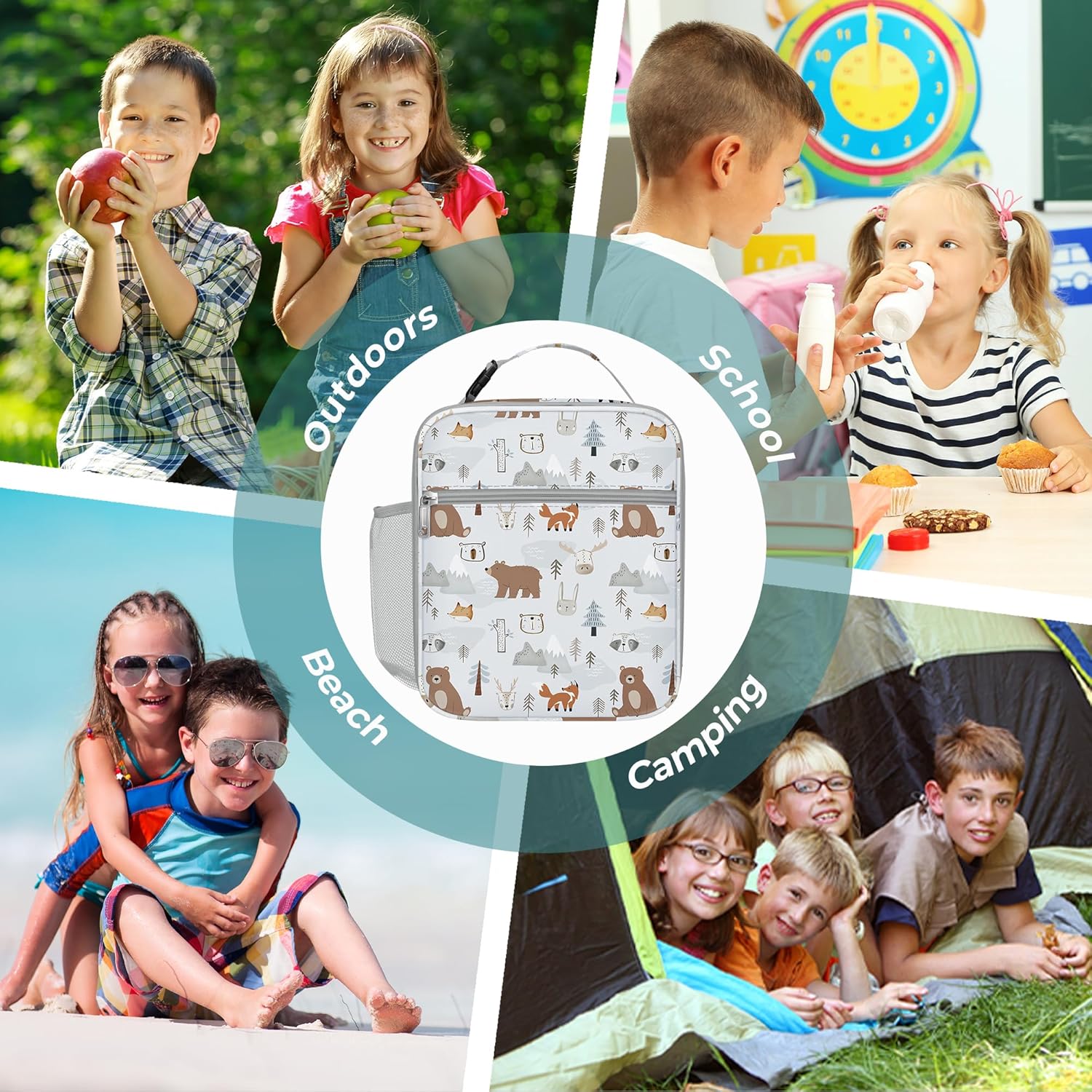 Clastyle Jungle Animal Insulated Kids Lunch Bag Leaf Large Thermal Cooler Bag for Girl Picnic School Toddler Lunch Box Tote,Grey - Image 7