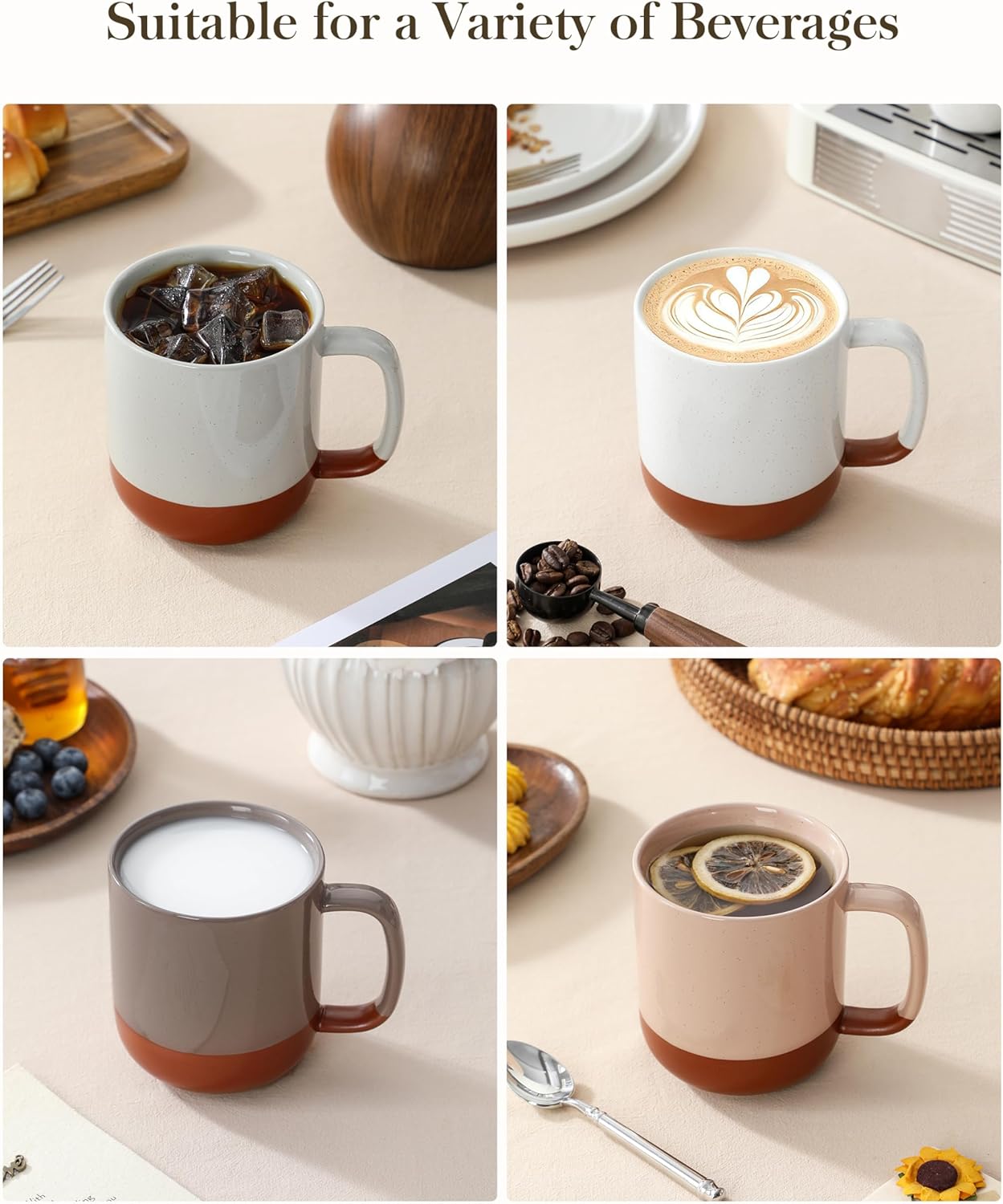 MALACASA Ceramic Coffee Mugs Set of 4, 16oz Coffee Cups, Modern Farmhouse Mugs for Coffee, Latte, Tea, Hot Chocolate, Cappuccino, Milk, Microwave & Dishwasher Safe, Multicolor, Series TARA