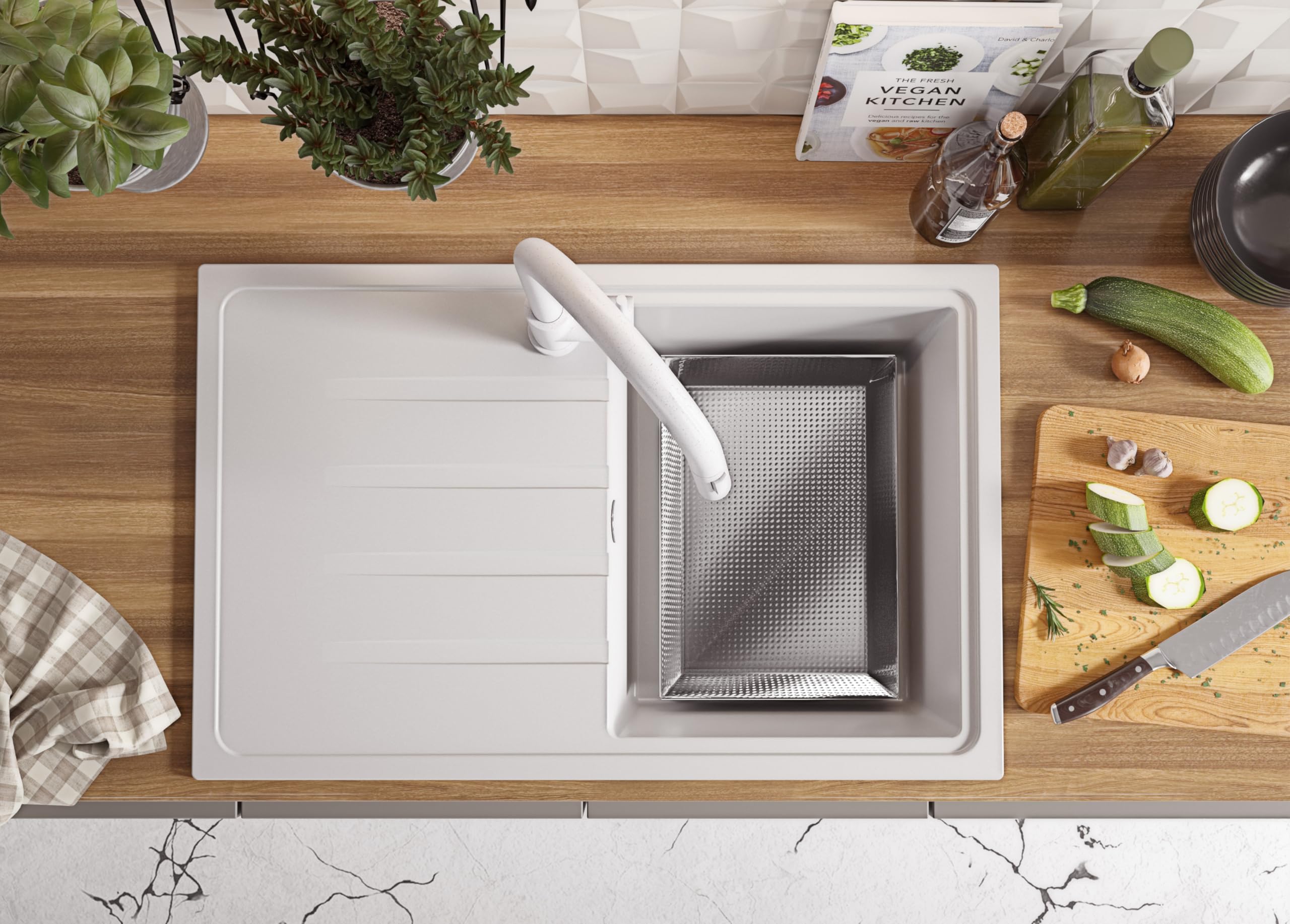PRIMAGRAN Evier Cuisine en Granit Blanc - Milan, 78x50cm | Lavabo 1 Bac + Robinet 32x20cm + Zuberhor-Set, Évier à Encastrer au Meuble 45cm (S073)