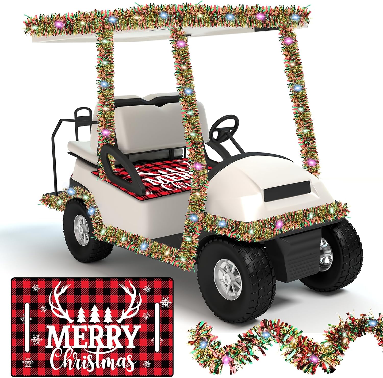 gisgfim Christmas Golf Cart Seat Covers 1 Pcs for 1 Person Seats 33ft Christmas Garland with LED Lights Red and Black Checkered Xmas Decorations Golf Cart Decorations Accessories, 51L x 31W Inches