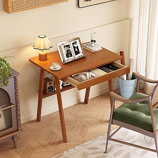 Solid Wood Desk with Drawers - 31.5 Inch Mid Century Modern Desks with Storage Shelf, Small Writing Desk for Small Spaces, Home Office Desks for Bedroom & Home, Walnut Color