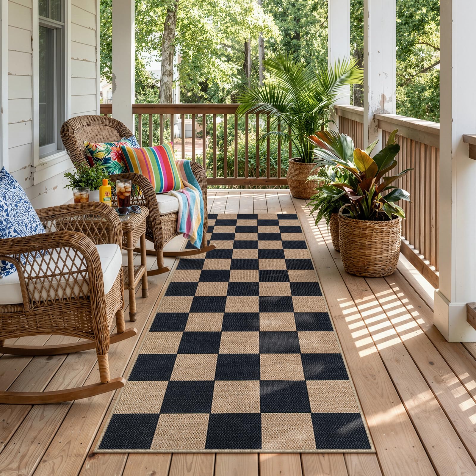 Photo 1 of Lahome Colette Checkered Easy Jute Runner Rug, 2x6 Kitchen Runner Rug Non Slip Washable Outdoor Carpet for Entryway Indoor, Checkerboard Black Indoor Outdoor Carpet Runners for Hallway 6ft Entry