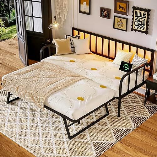 MU Daybed with Trundle Bed, Twin Bed Frame with Charging Station and LED Lights, Metal Bed with Pop Up Trundle and Steel Slat Support for Bedroom, Guest Room and Living Room, Black