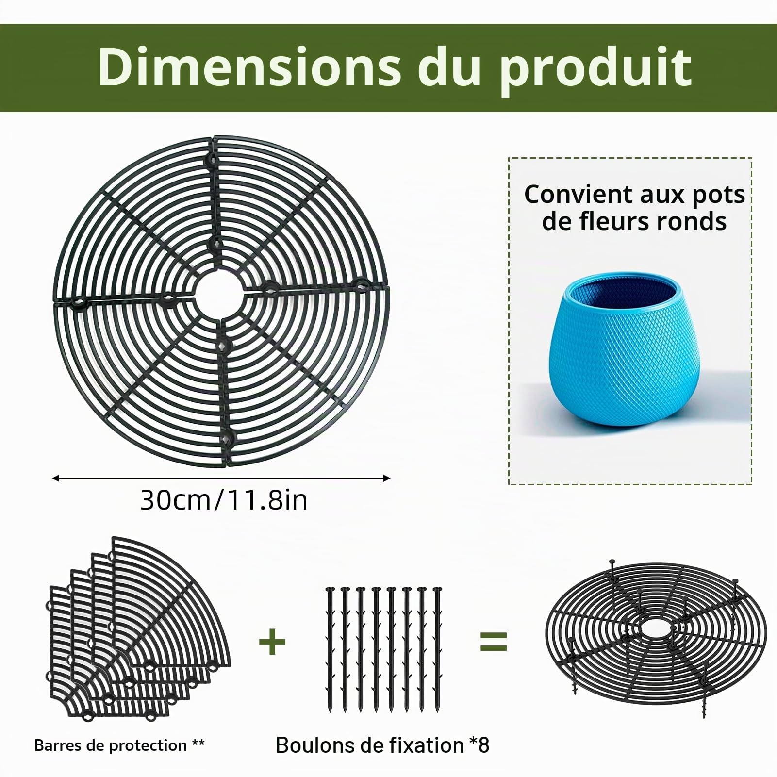 Ownkim Grilles de Protection pour Pots de Plantes - Cache-Pot Réglable jusqu'à 30 cm - Kit Complet avec Boulons et Feuilles en Plastique ABS - Protège Plantes Contre Chats, Enfants et Débris