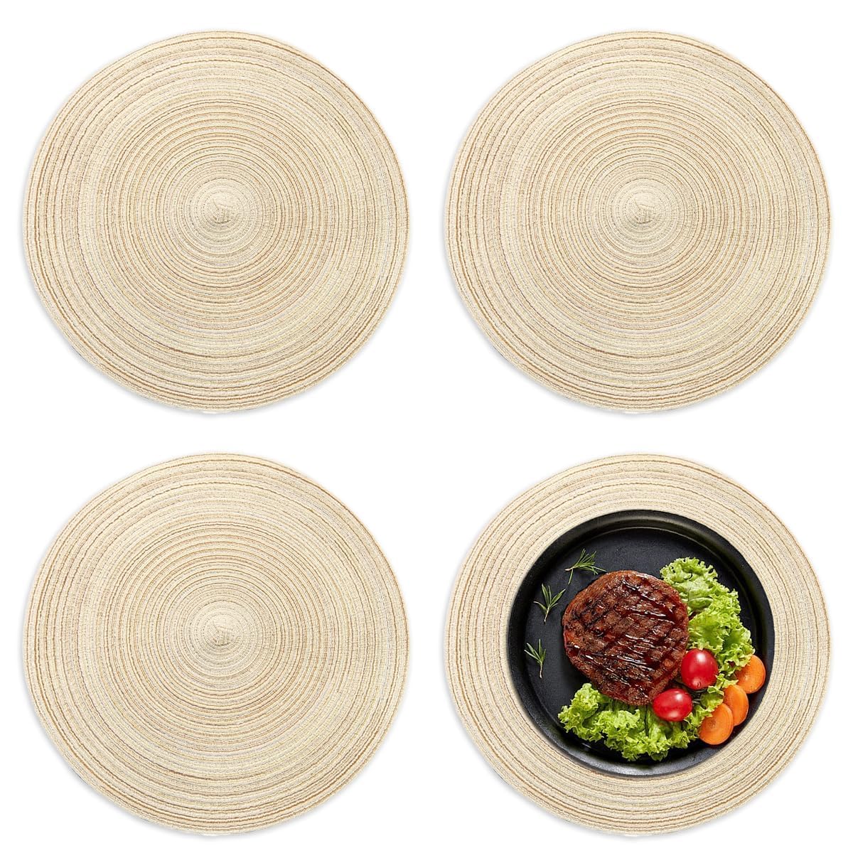 4 Pieces Round Braided Woven Place Mats, 30 x 30 cm Round Placemats and Coasters, Heat Resistant and Non Slip, Washable Braided Woven Place Mats, Cream Placemats for Kitchen, Home, Restaurant(Beige)