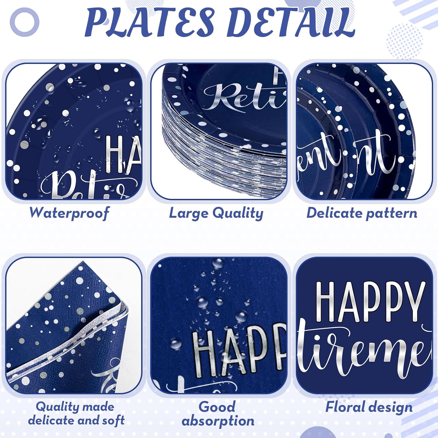 Pickmesh 384 Pcs Retirement Party Decorations Happy Retirement Paper Plates and Napkins Set with Cups and Knife Fork Spoon, Farewell Party Disposable Tableware for Guest (Blue)