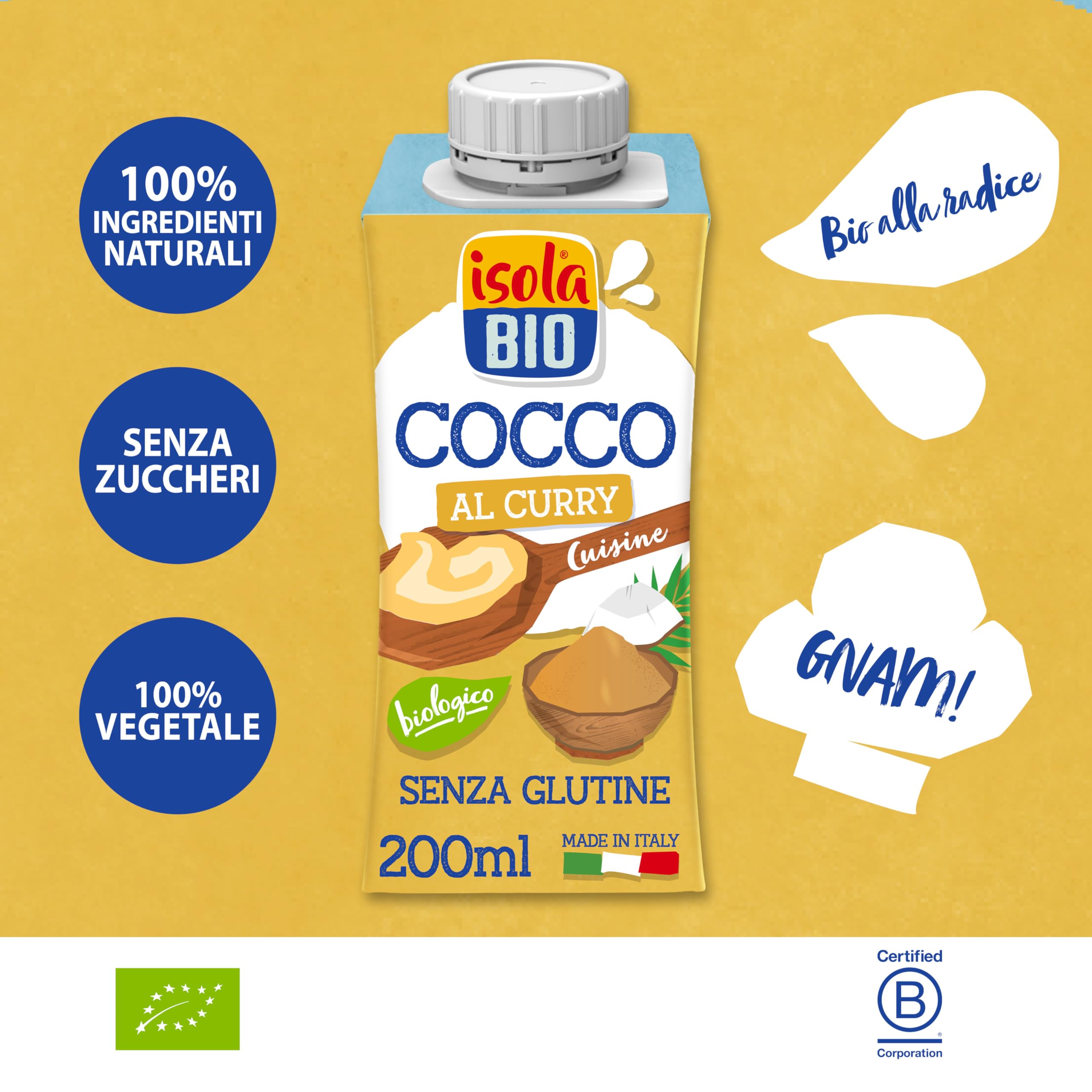 ISOLA BIO Crema da Cucina Cocco al Curry Bio, Alternativa Vegetale alla Panna da Cucina, Biologica, Senza Glutine, 100% Ingredienti Naturali, Formato 15 x 200 ml