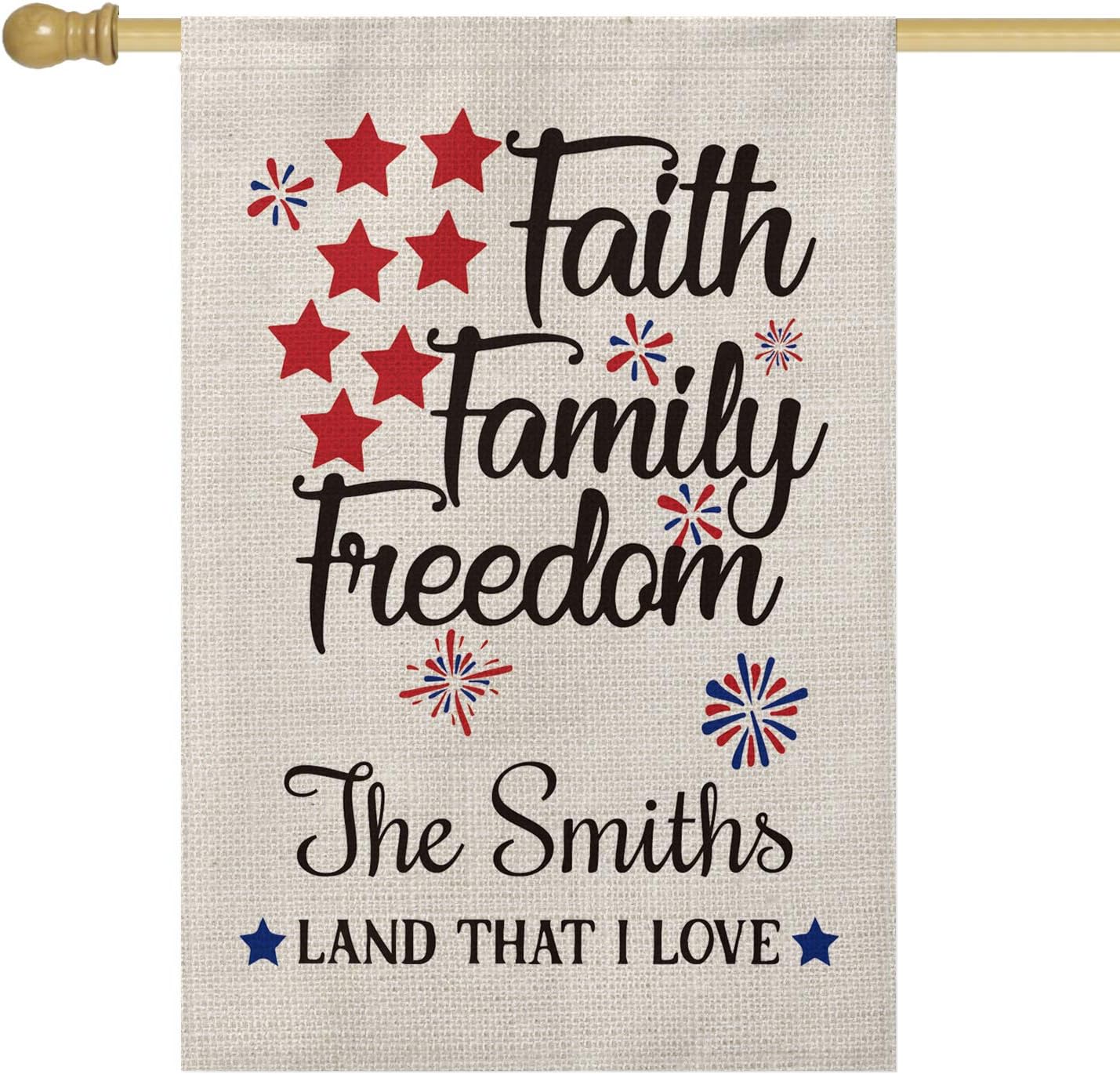 SMILE Personalized Land That I Love House Flag, Faith Family Freedom Customized Family Last Name, Double Sided 28 x 40 Inch Rustic Farmhouse Burlap Yard Outdoor Decoration