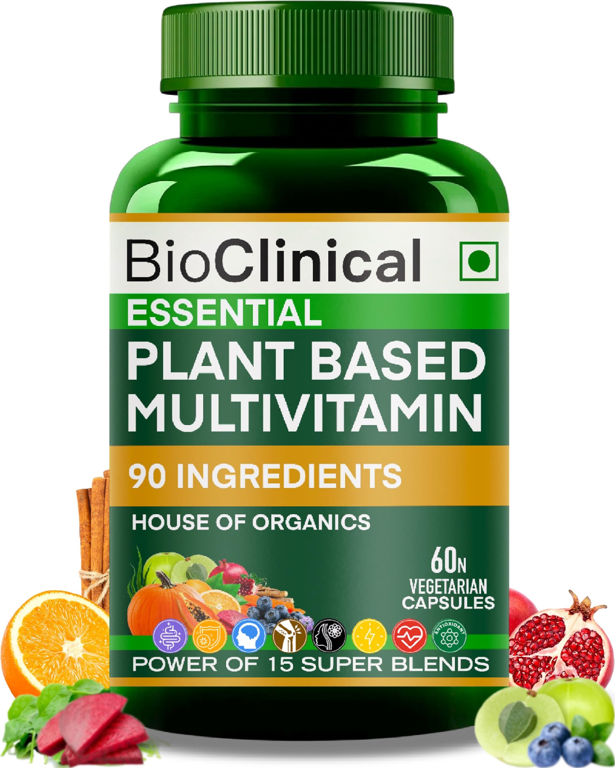 BioClinical Plant Based Multivitamin for Men & Women - Organic Natural Vitamins - Daily Vital Nutrition - Nature Made, Ayurvedic & Whole foods Supplement - Energy, Hair & Bone Health -60 Veg Capsules