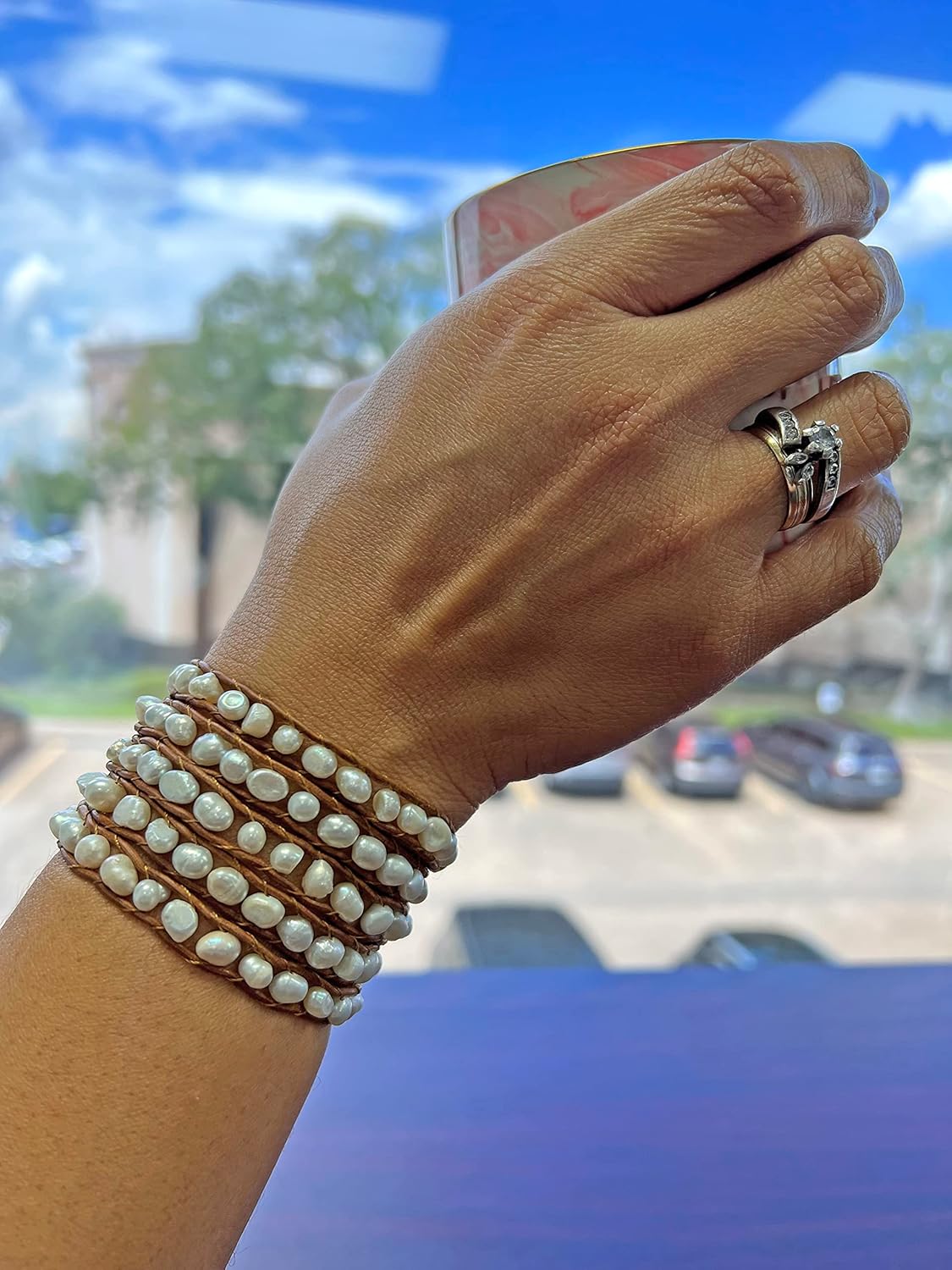 Multi-layer Hand Crafted Cultured Freshwater Pearl Gemstone Beaded on Genuine Leather Boho Style Leather Wrap Bracelet Super Wrap Bracelet 35" Long, up to 5 Wraps.
