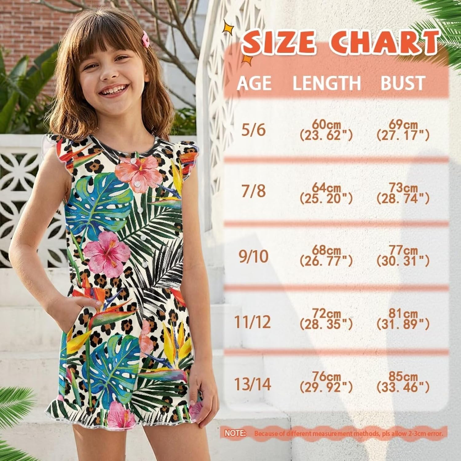 Girls Summer Romper Ruffle Cap Sleeves One-Piece Short Jumpsuit Soft Kids Casual Playsuit with Pockets for 5-14 Y