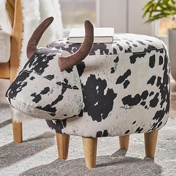 Velvet Cow Ottoman Foot Rest, Cute Wood Foot Stool, Kids Ottoman Suitable for Home, Entrance, Living Room, Bedroom, Nursery, Funky Furniture White + Black