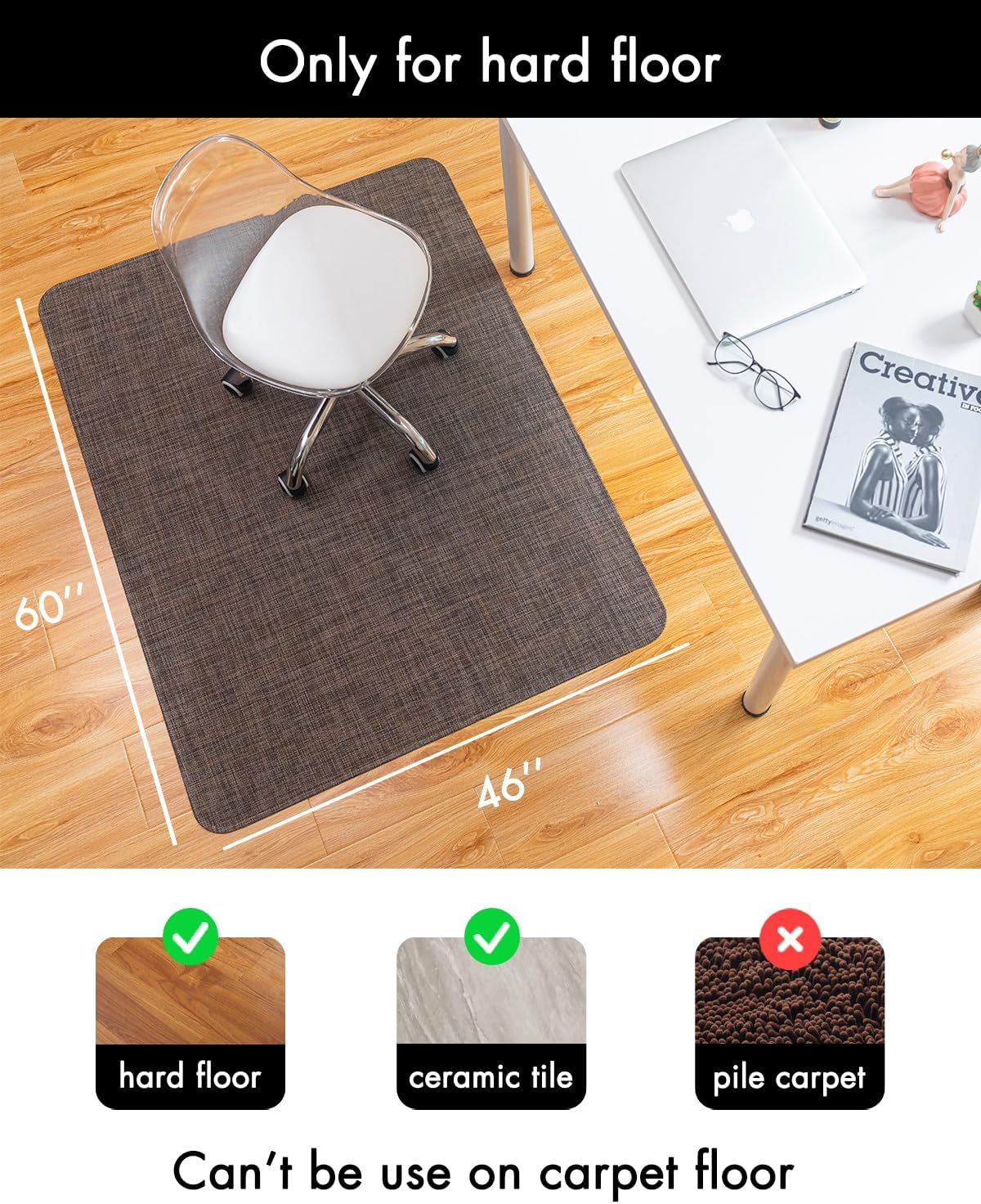Office Chair Mat for Hardwood Floor Under Desk Computer Rolling Chair Mat for Wood/Tile Floor Non-Slip Heavy Duty Desk Rug PVC Plastic Hard Floor Protector 46"x 60" (Dark Walnut)
