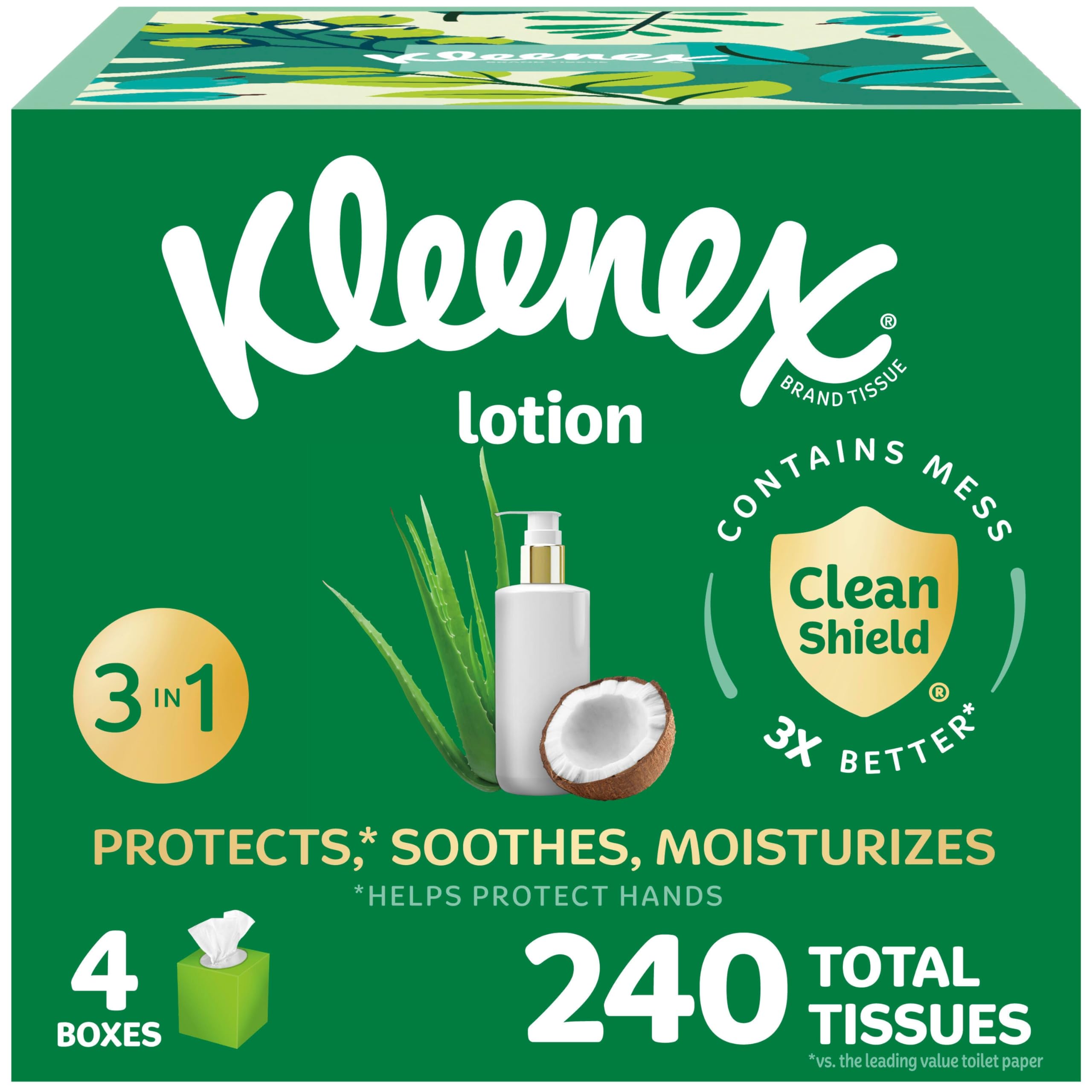 KleenexLotion Facial Tissues with Coconut Oil, 4 Cube Boxes, 60 Tissues Per Box, 3-PlyThe Forest Stewardship Council