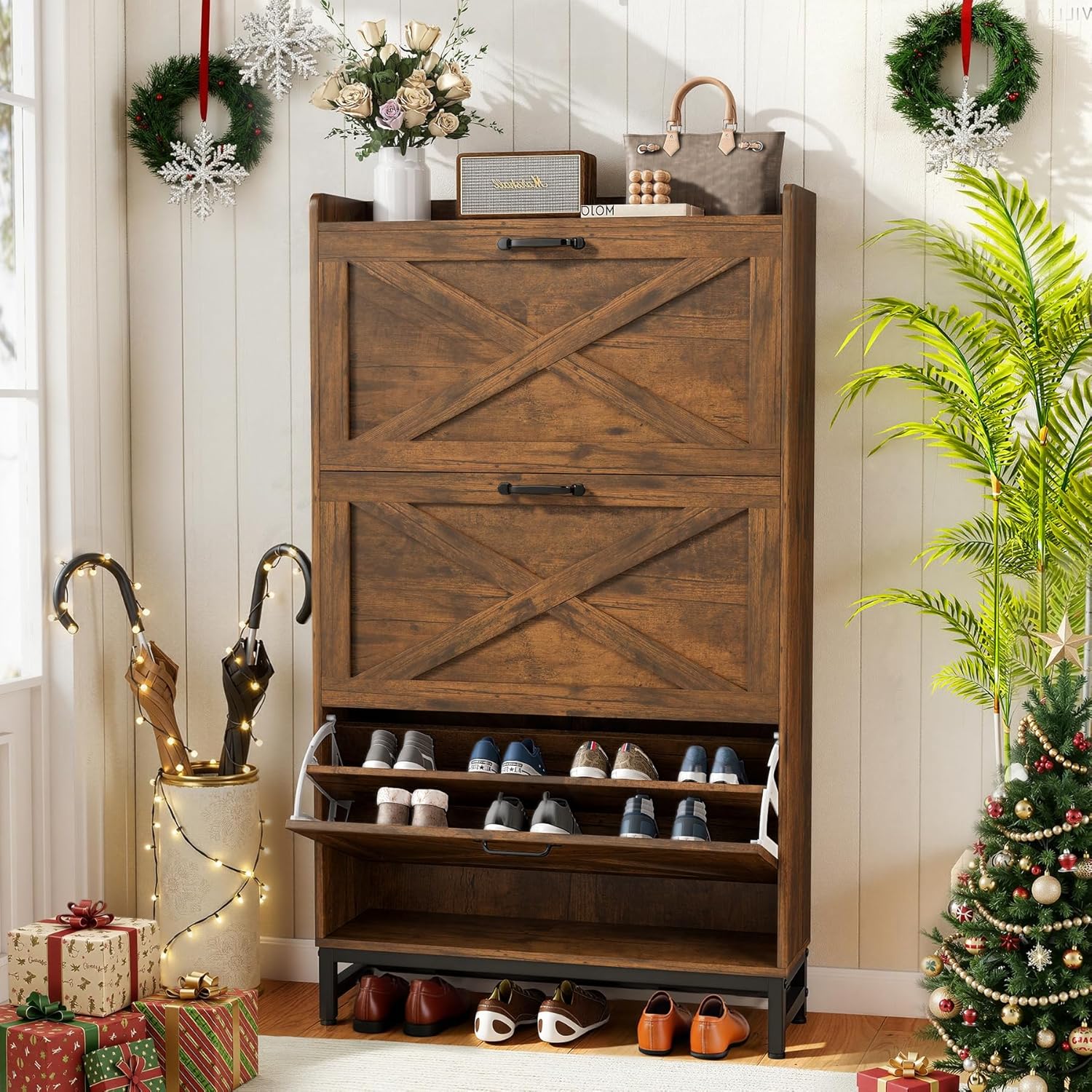 Miereirl Rustic Farmhouse Shoe Cabinet for Entryway, Narrow 3 Flip Drawer Shoe Storage Organizer for 12–16 Pairs, Space-Saving Hallway Cabinet with Metal Frame & Top Shelf, Brown