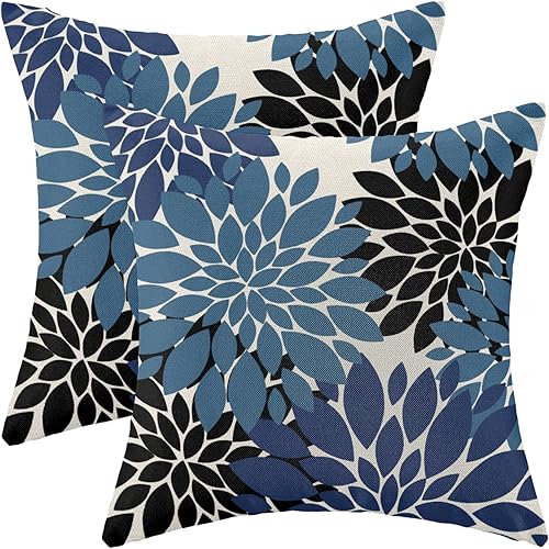 Juego de 2 fundas de almohada de 16 x 16 pulgadas de color azul marino y negro con dalia floral para decoración de verano con diseño geométrico