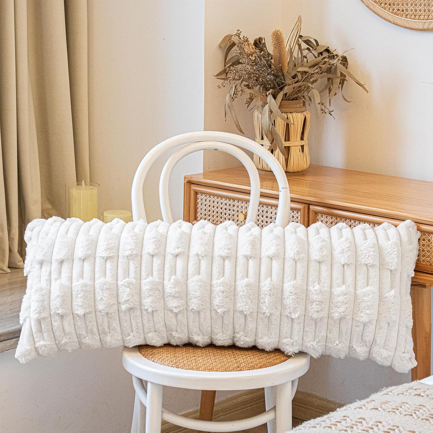 JoraLion Faux Fur Long Pillow Covers 14 x 36 inch, Cream Soft Decorative Lumbar Pillow Cover Luxurious Pillow Case Home Decor for Sofa Bed Room Livingroom