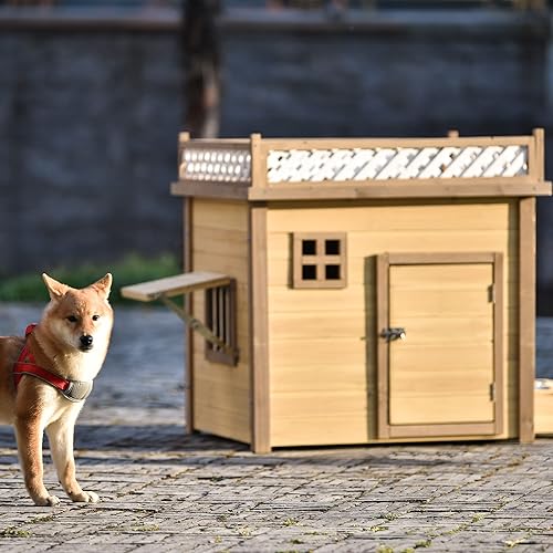 Miniatura 3 de Casa de madera para perros de 315 pulgadas perrera con soporte para flores soporte para plantas y comedero de madera que contiene 2 cuencos de acero