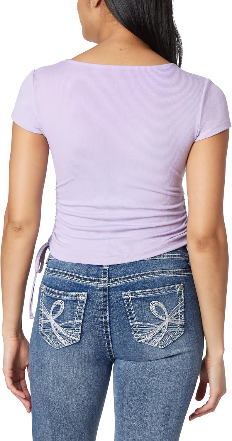WallFlower Women's Madeline Short Sleeve V-Neck Yummy Rib Top with Ruched Sides - Image 2