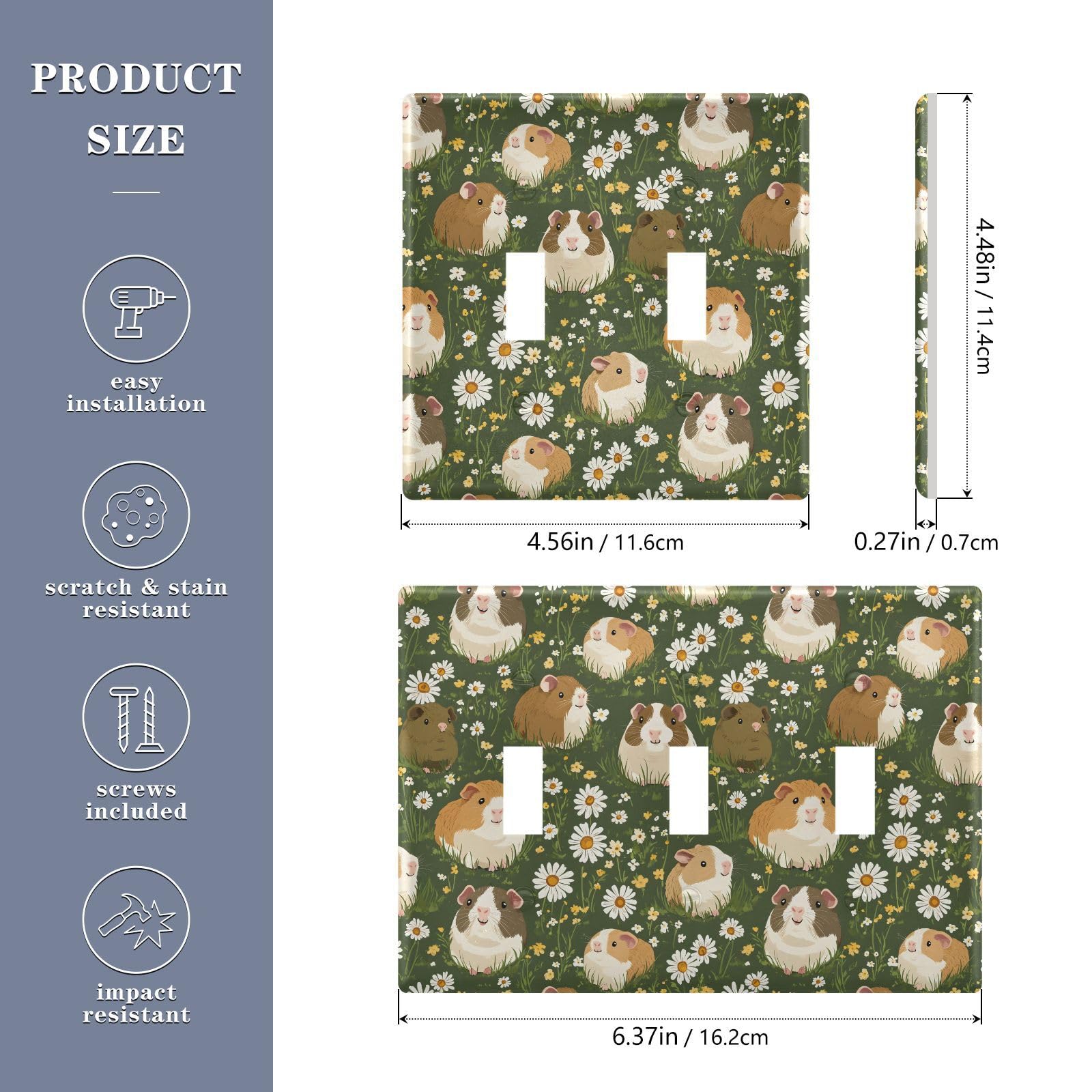 Light Switch Cover Cute Guinea Pigs Daisy Wall Plates for Electrical Outlets 3 Gang 202b8036