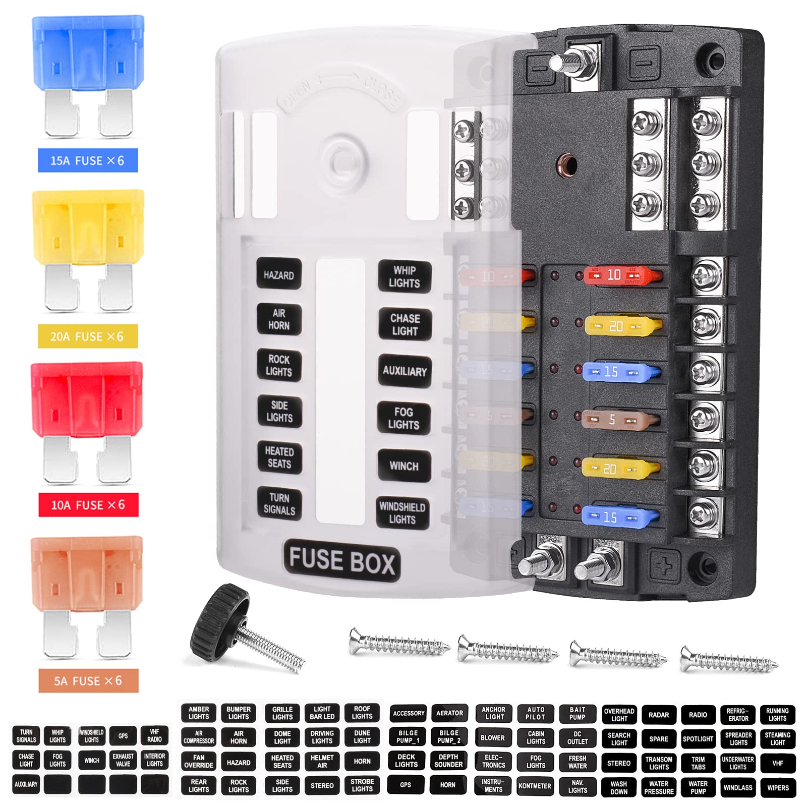 Jinyuan 12-Way 12V Fuse Block with LED Indicator, 300/45A with Dust Cover，12-Way Individual Positive Terminal and Negative Busbar Fuseholders for DC 12V 24V 32V Electrical Equipment