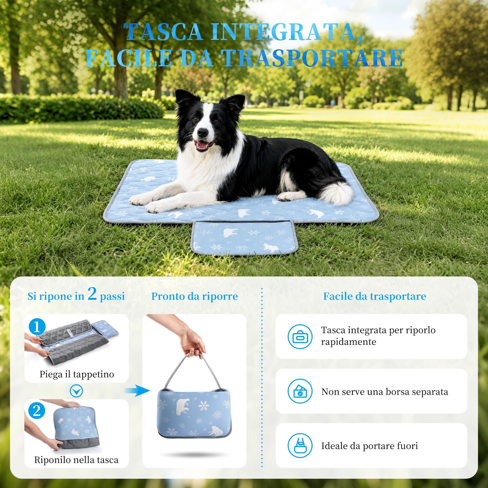 Angelpet Tappetino Rinfrescante per Cani 100x70cm, Q-MAX >0,5, Tappetino Senza Gel per Cani Medi & Gatti, Tessuto Fresco, Fondo Impermeabile, Tasca Laterale, Lavabile, per Pavimento & Divano, Blu