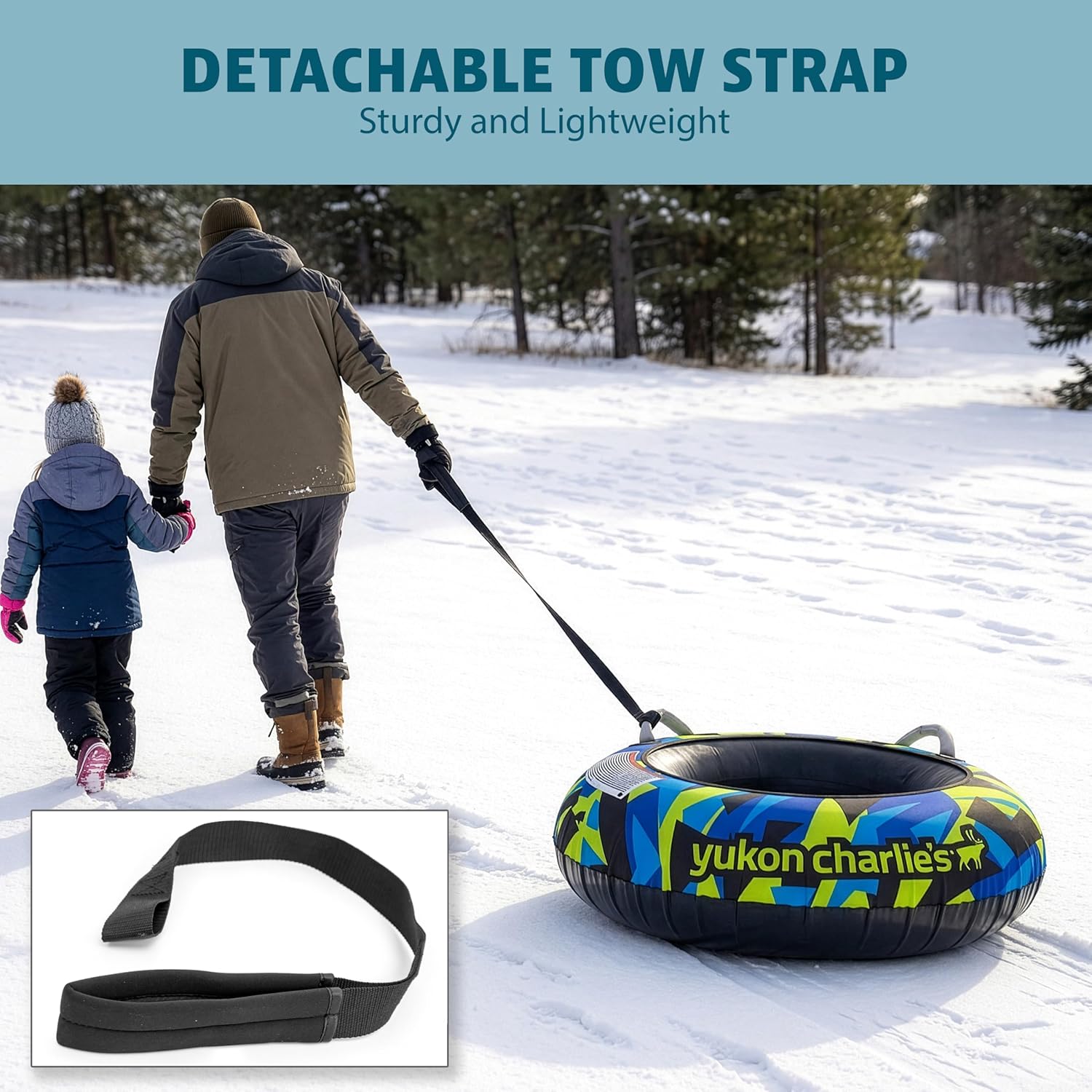 Yukon Charlie's Inflatable Snow Tube 46” – Heavy-Duty Snow Sled with Polyester Cover, Slick PVC Bottom, and Foam Handles – Perfect for Kids Ages 7+
