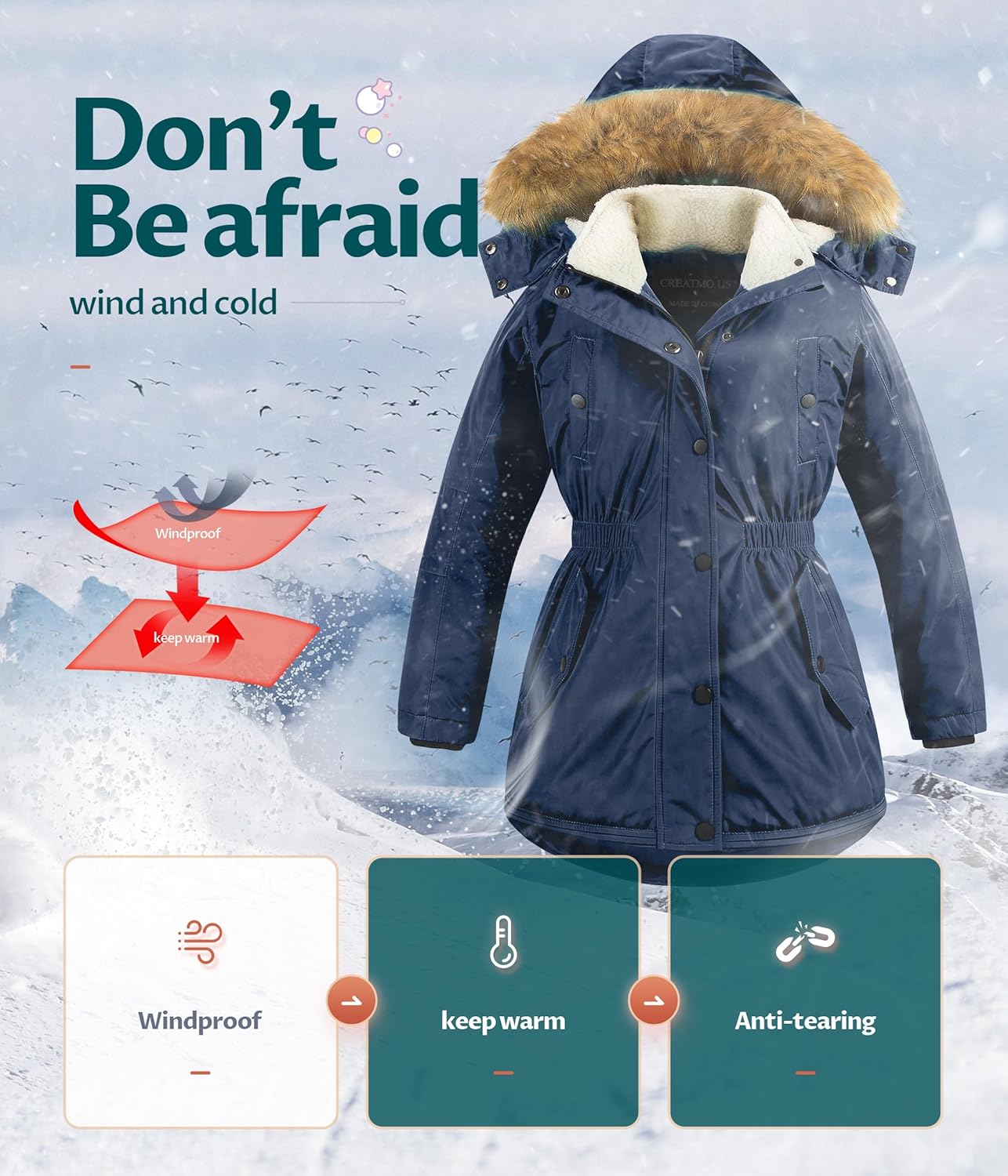 CREATMO US Girl's Long Winter Warm Parka Sherpa Trimmed Collar Puffer Ski Jacket Coat - Image 5