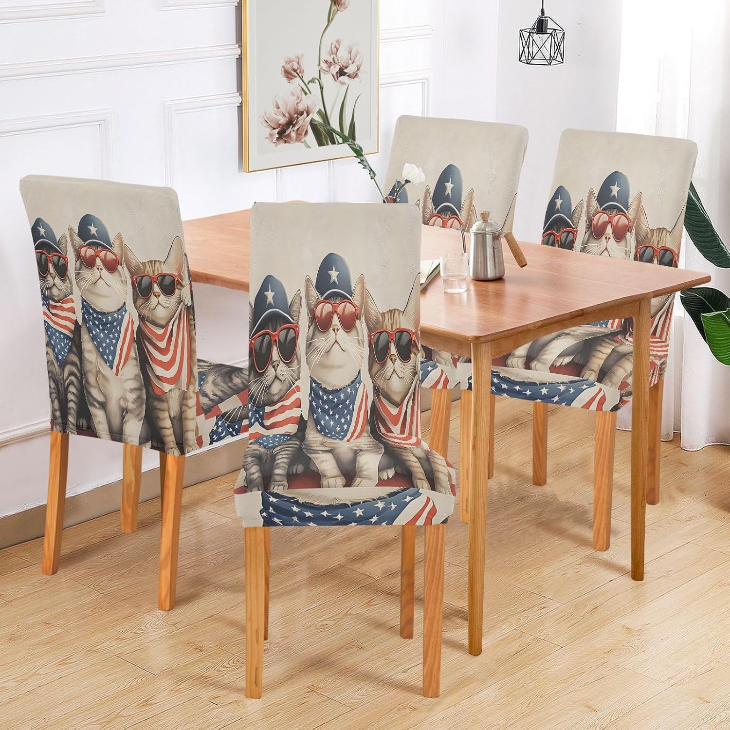 ALAZA Chair Covers for Dining Room, Three Cats Sunglasses Flag Stretch Chair Cover Sets Chair Protector Removable Washable for Ktichen Restaurant Hotel