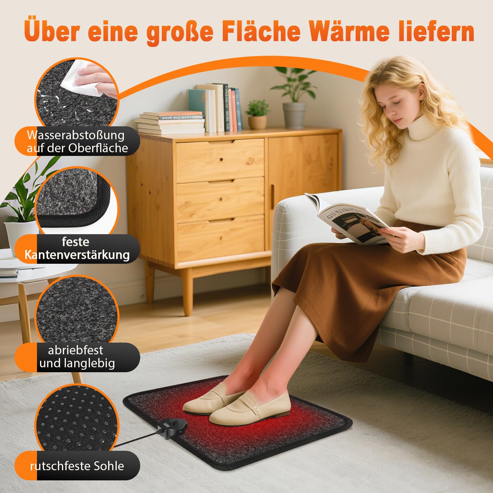 Fußwärmer Elektrisch – 230V Heizmatte Mit 1-12H Timer &7-Temp Heizstufen bis 60°C Wärmepads – 55W Fusswärmer Fußschalter & Thermostat Fussbodenheizung (Schwarz mit Muster)