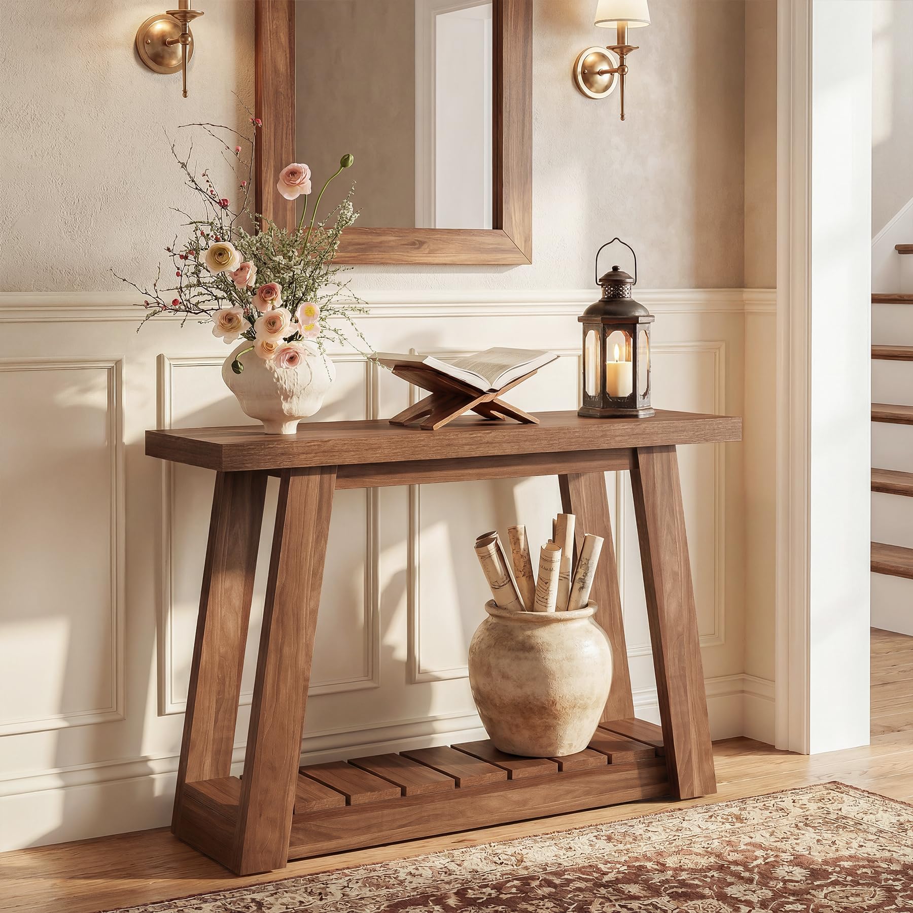 Tribesigns Mesa consola de 105 cm, estrecha mesa de pasillo con 2 estantes, mesa consola rústica de madera, mesa de entrada para pasillo, salón, entrada, mesa de sofá, color marrón