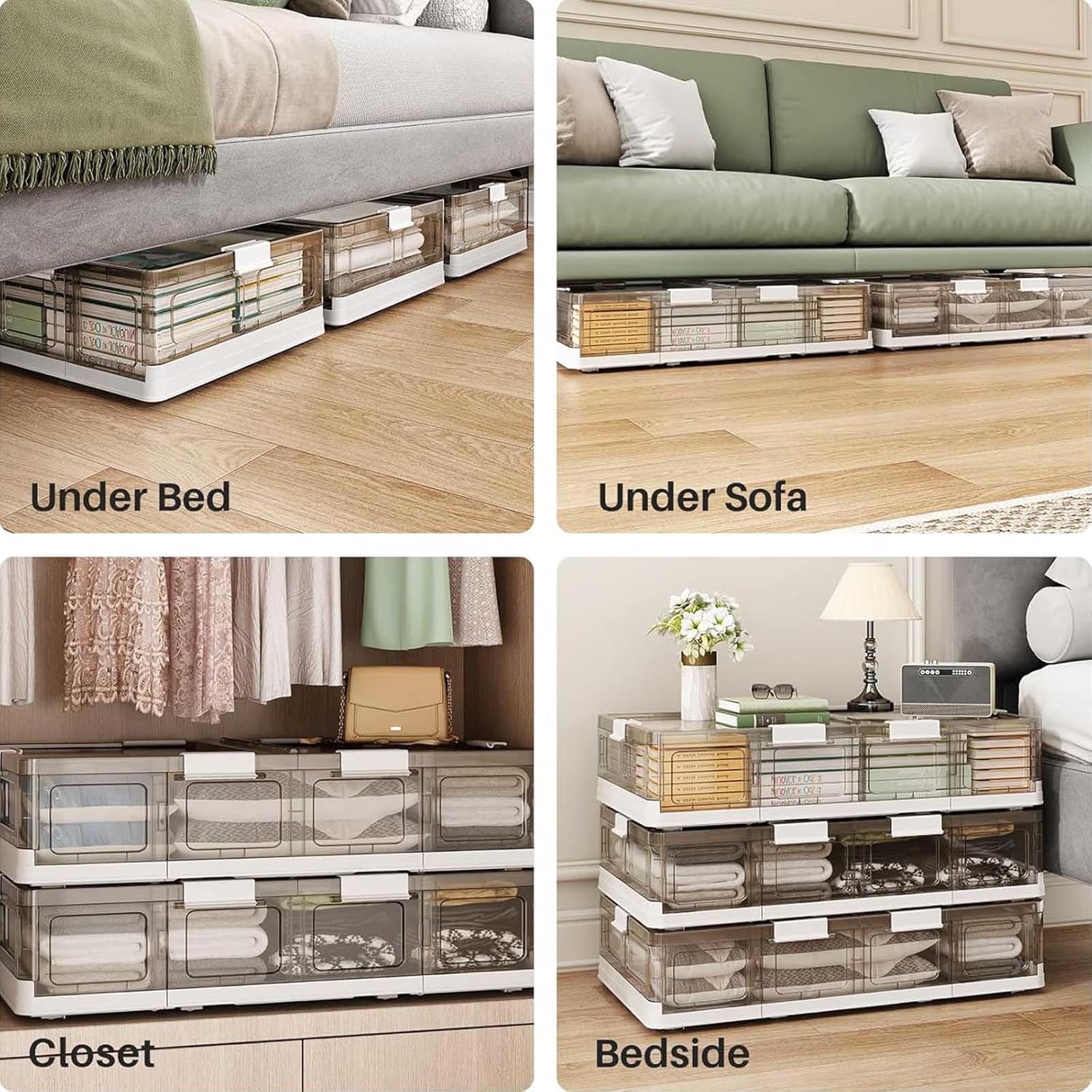 Under Bed Rolling Storage Plastic Foldable, Rolling Under Bed Storage Bins 66L Under Bed Storage for Clothes,Shoes, Blankets,transparent-1pack