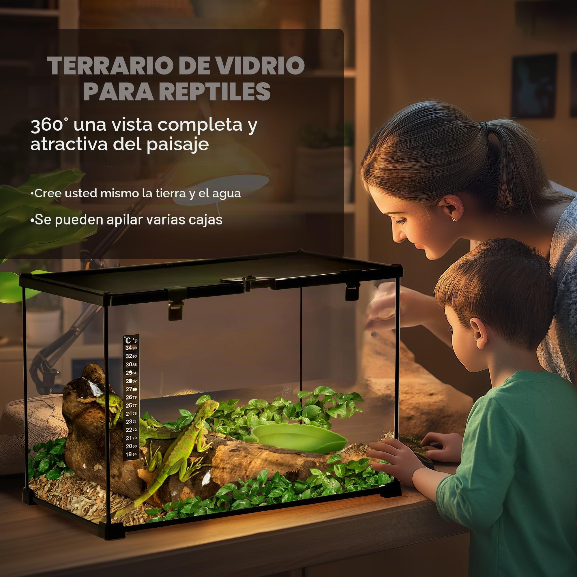 PawHut Caja de Reptiles para Reptiles, terrario, Transparente, Tapa Deslizante, Rejilla metálica, dispensador de Agua, termómetro, Incluye Cristal, Metal, 50 x 30 x 35 cm, Color Negro