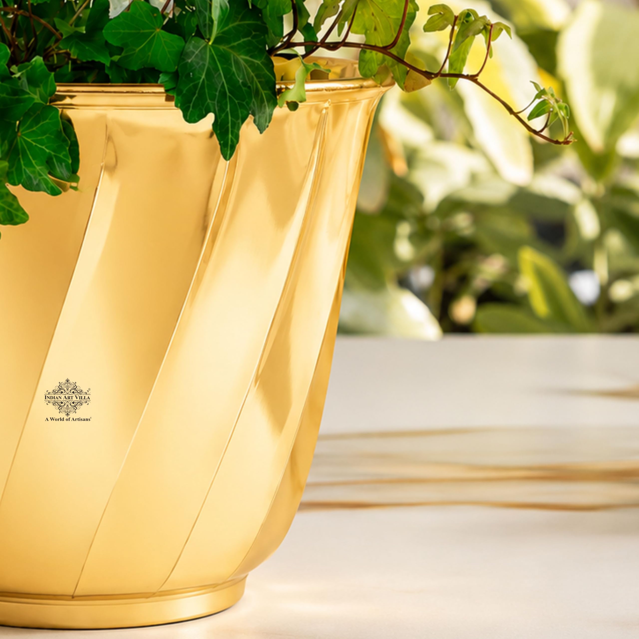 INDIAN ART VILLA Pure Brass Lining Design Planter, Home décor, Planting, Size- 7.2x8 inches 1