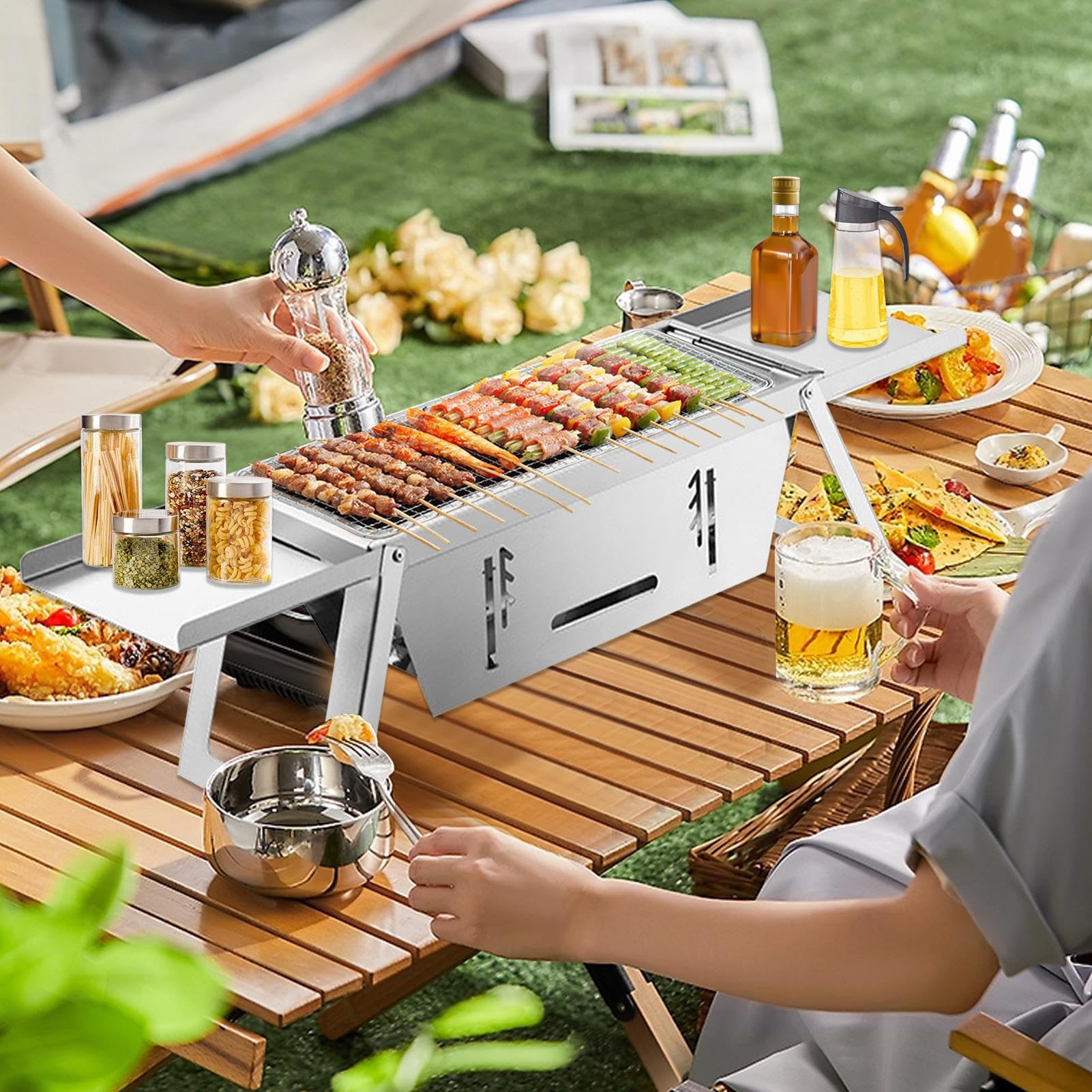 Przenośny Grill Węglowy Kompaktowe Grille Na Węgiel Drzewny | Nierdzewna Płyta Grzewcza Przyjazna w Podróży do Gotowania na Zewnątrz w Ogródzie, na Stole, na Plaży, w Kamperze, na