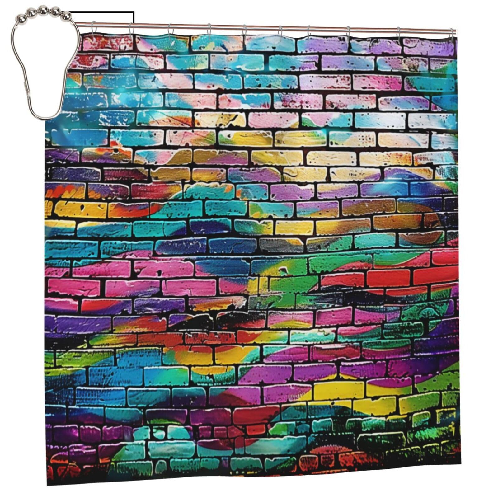 BWWHCCTI Graffiti Colorful Brick Printed Shower Curtain With 12 Iron Hooks Opaque Quick Drying Waterproof Shower Curtains Sets For Bathroom 183x183 CM