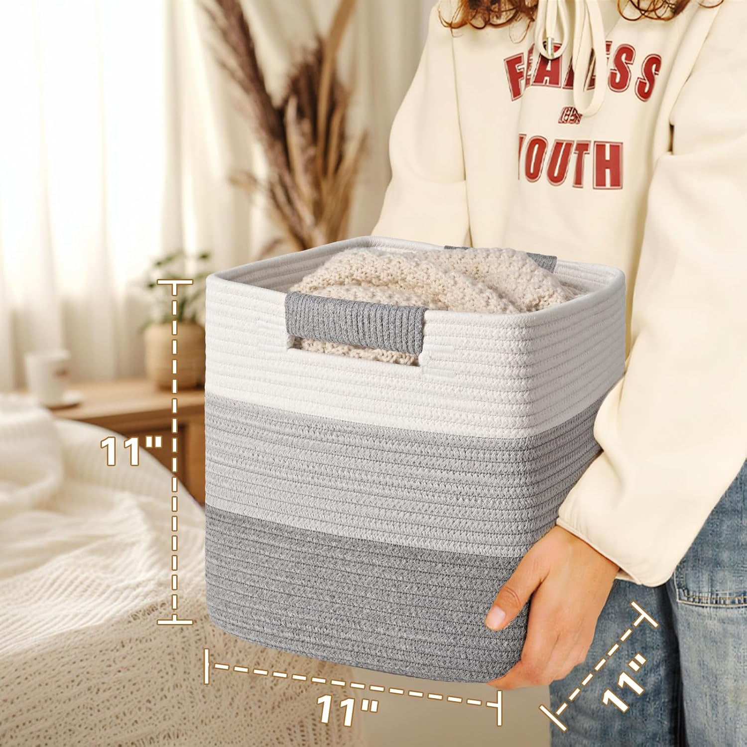 11 Inch Storage Cubes, 6 Pack Cube Storage Bins for Organizing, Cotton Rope Woven Baskets for Shelves, Bathroom, Kids Room, Closets, Baby Nursery