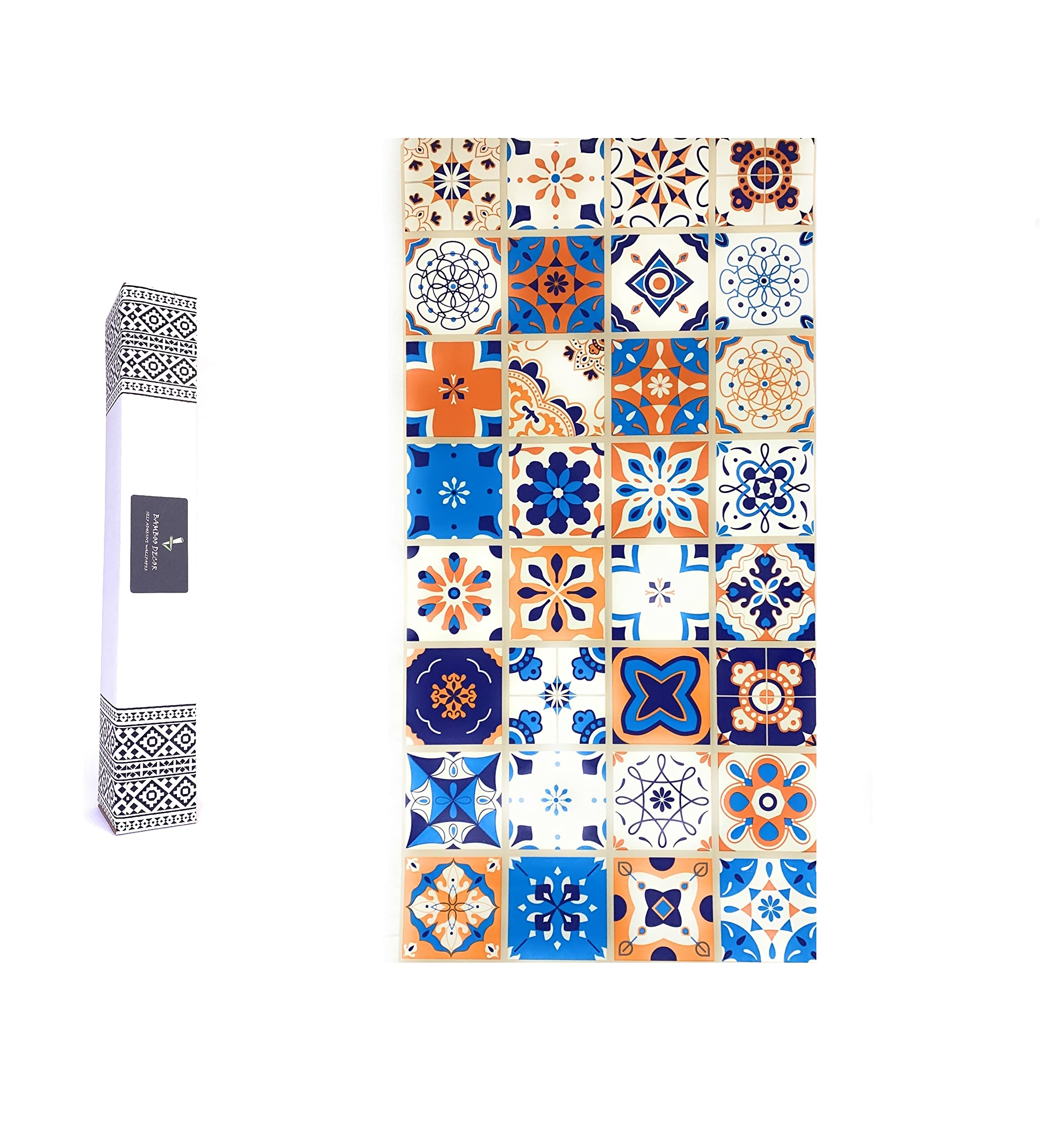 Bamboo Decor | Self Adhesive Wallpaper Peel & Stick _ Water-resistant Moisture proof _ Wall Decor for Living room _Kitchen _Bed Room _ Bathroom ((45 x 100 ) CM, Moroccan Tiles (Blue & Orange )))