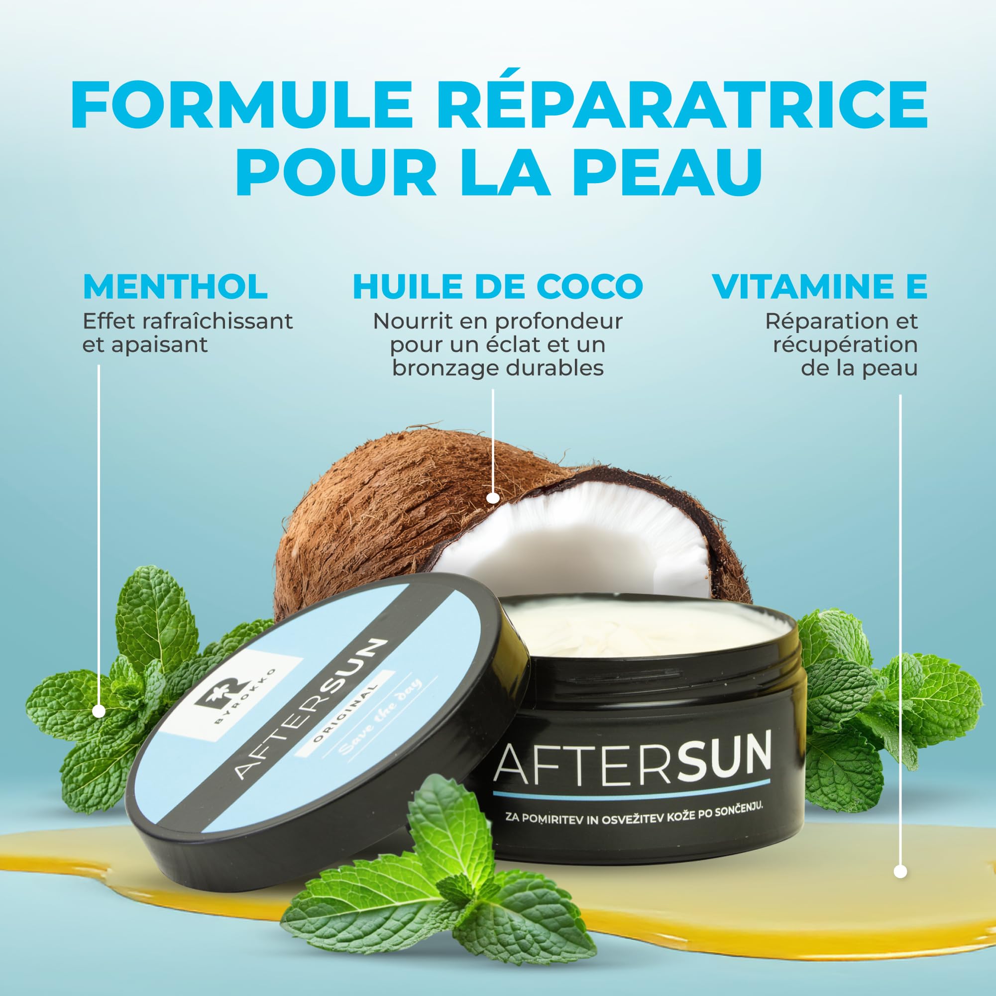 BYROKKO Crème après-soleil, Lotion de bronzage naturelle avec menthol, beurre de mangue et vitamine E, rafraîchit, hydrate et nourrit la peau exposée au soleil, Vegan, Sans parabènes, 195ml