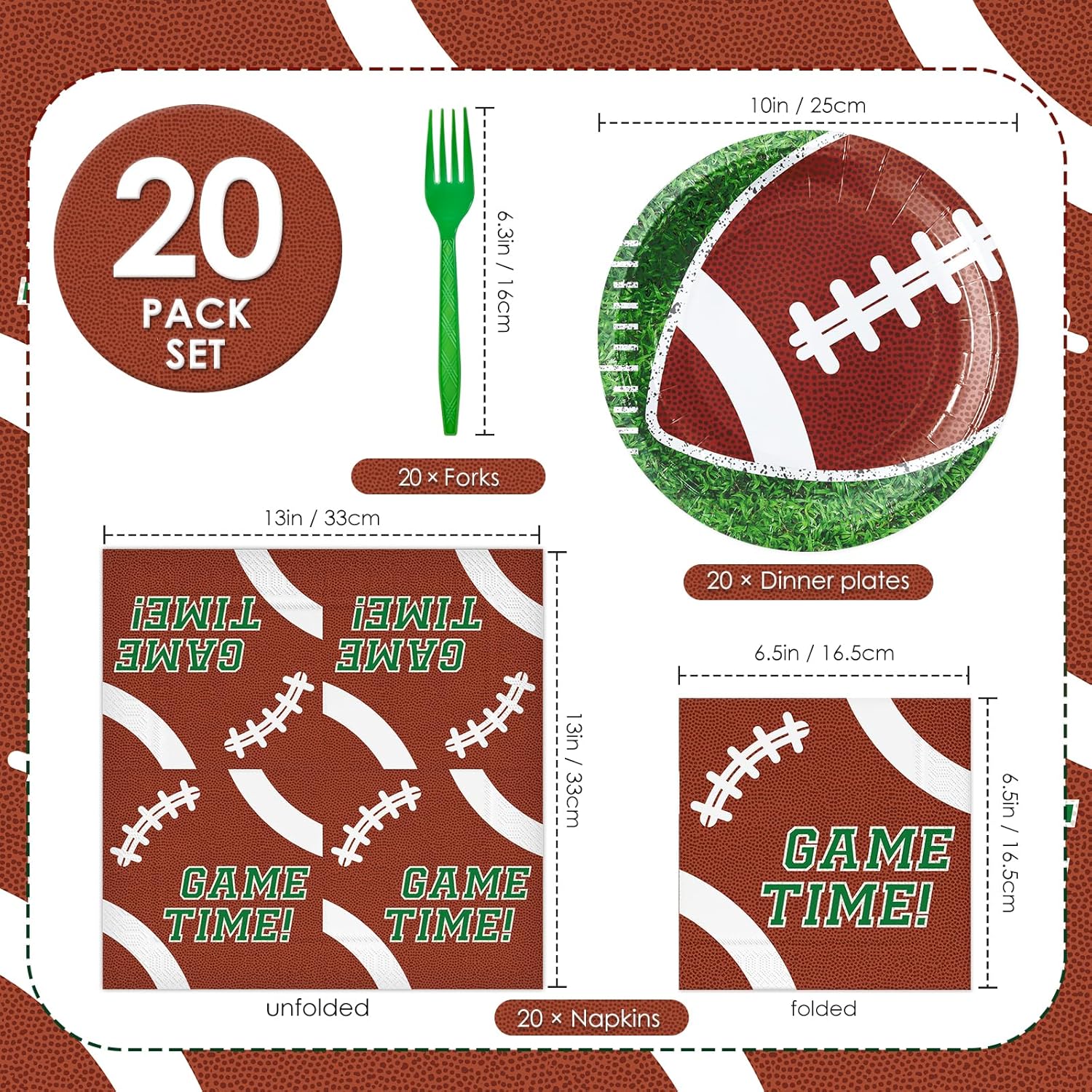 ZVK Football 10" Dinner Paper Plates 13" Napkins Set with Forks Party Dinnerware Disposable Serve 20 - Image 2