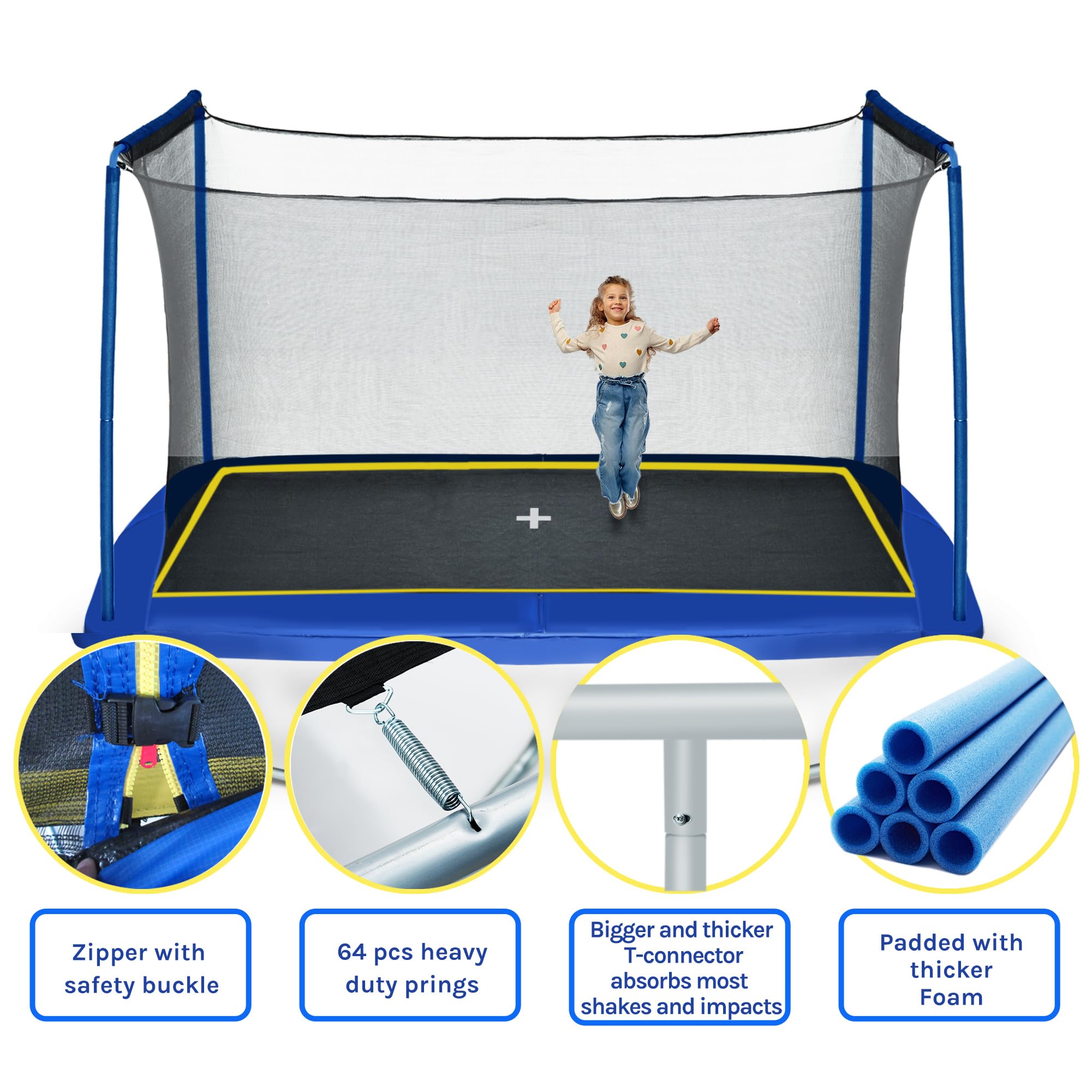 Generisch Trampolino rettangolare da 244 x 366 cm con rete di sicurezza, imbottitura dei bordi resistente ai raggi UV, struttura robusta resistente alle intemperie, adatto per giardino e più utenti