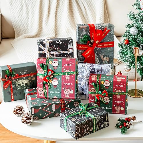 Miniatura 4 de MAMUNU Hojas de papel de regalo de Navidad, papel de estraza vintage azul marino y verde para mujeres y hombres, juego de papel de regalo con