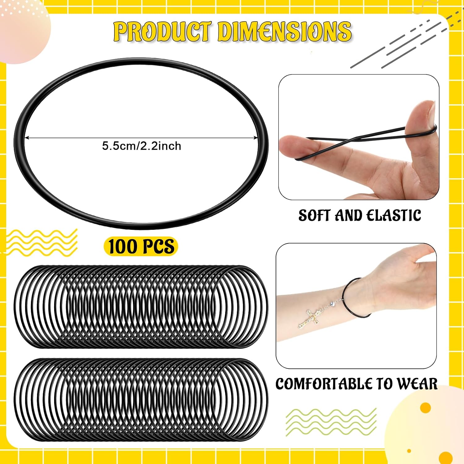 Hotop 100 Pcs 80s Black Silicone Jelly Bracelets Neon Hair Ties for Women image 3