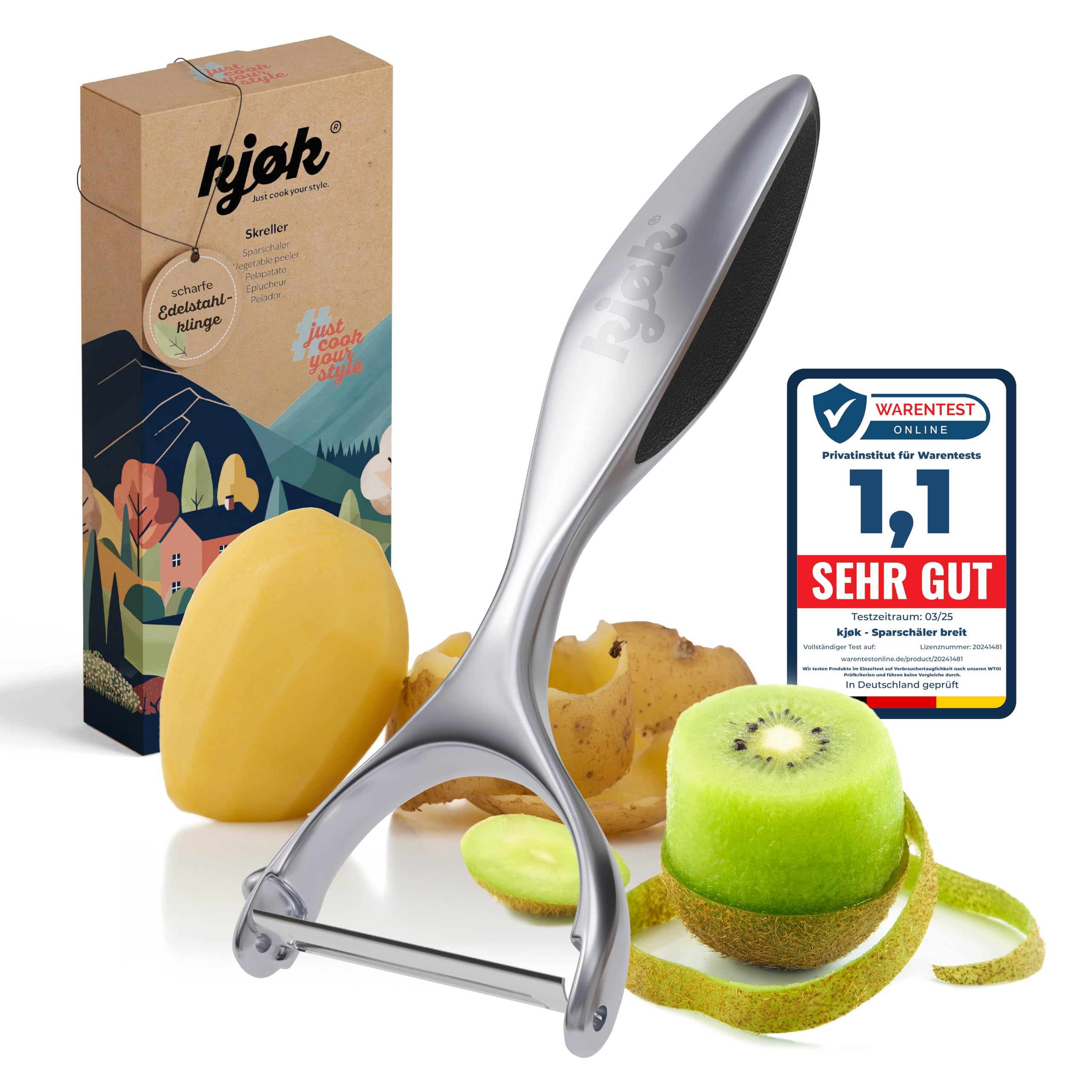kjøk Sparschäler breit mit Edelstahl Klinge - Schäler mit Griff aus Zinklegierung - Profi Spargelschäler Obstschäler Gemüseschäler rostfrei - grosser Chefkoch Küchenschäler in Geschenkverpackung