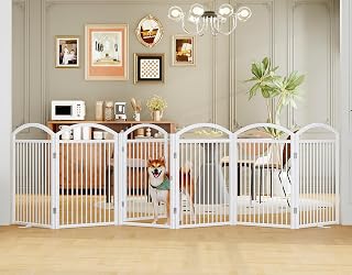 THKKY Folding No-Assembly Freestanding Dog Gate with Door,32" Heights Foldable Pet Fence,144" Extra Wide Accordion Puppy Folding Playpen for Doorways,House,Stairs (6 Panels,White)