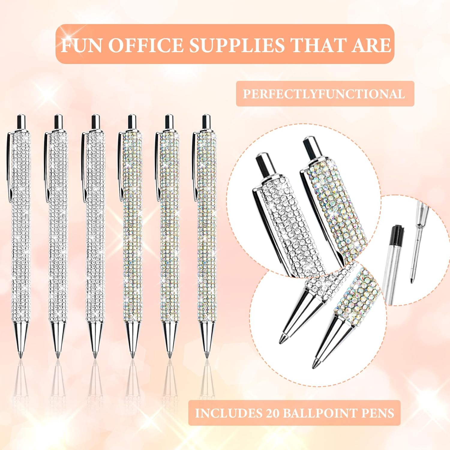 20Pcs Rhinestone Metal Ballpoint Pens Bling Pens Bulk Fancy Sparkly Crystal Diamond Pens Press Retractable Black Ink 0.7mm For Women Office Meeting Birthday Supplies Wedding Gifts