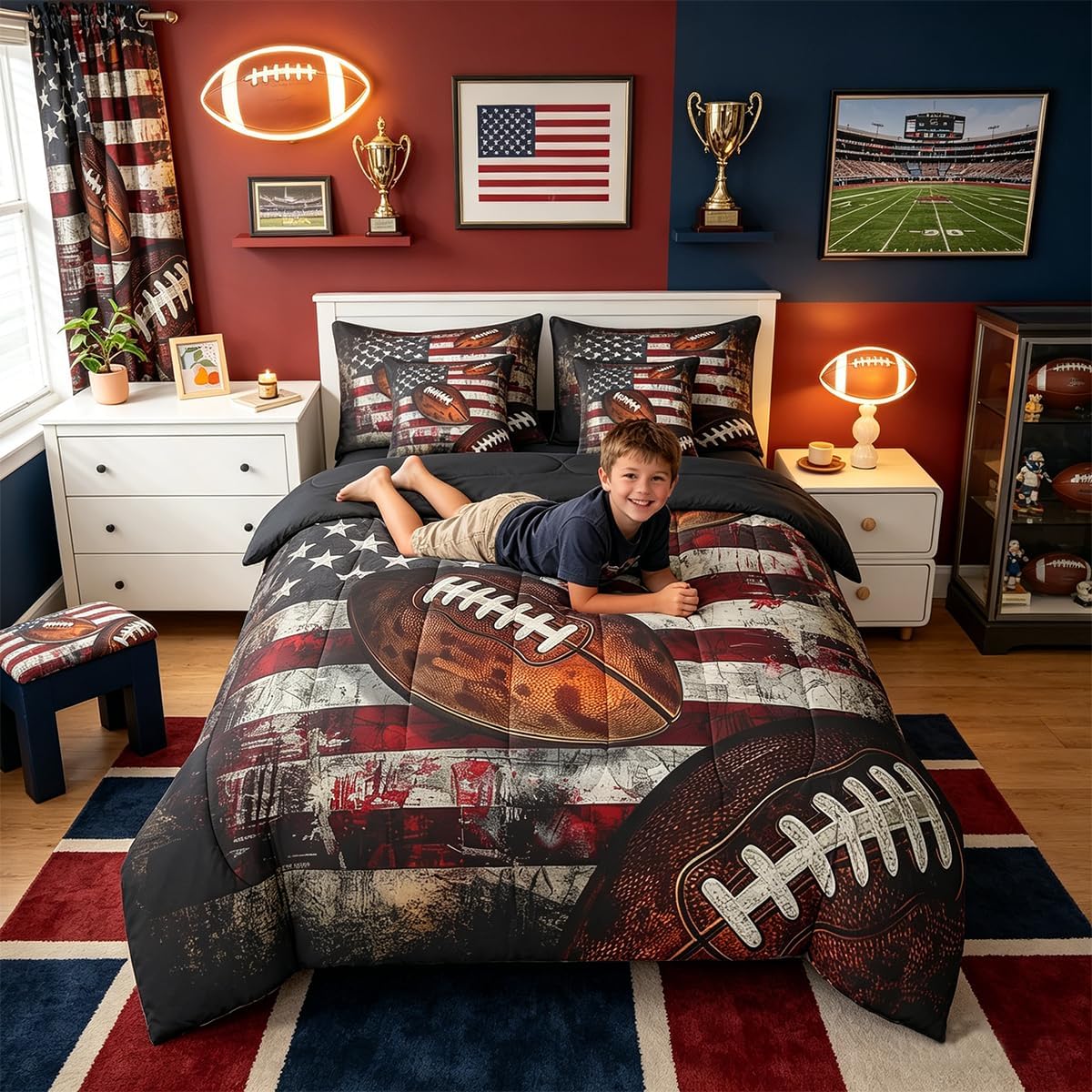 Feelyou Boys Football Comforter Set Kids Girls Queen Size 7 Pieces American Flag Bedding Set Rugby Gaming Sports Sports Theme Bed in a Bag with Comforter, Sheets, Pillowcases & Cushion Cover